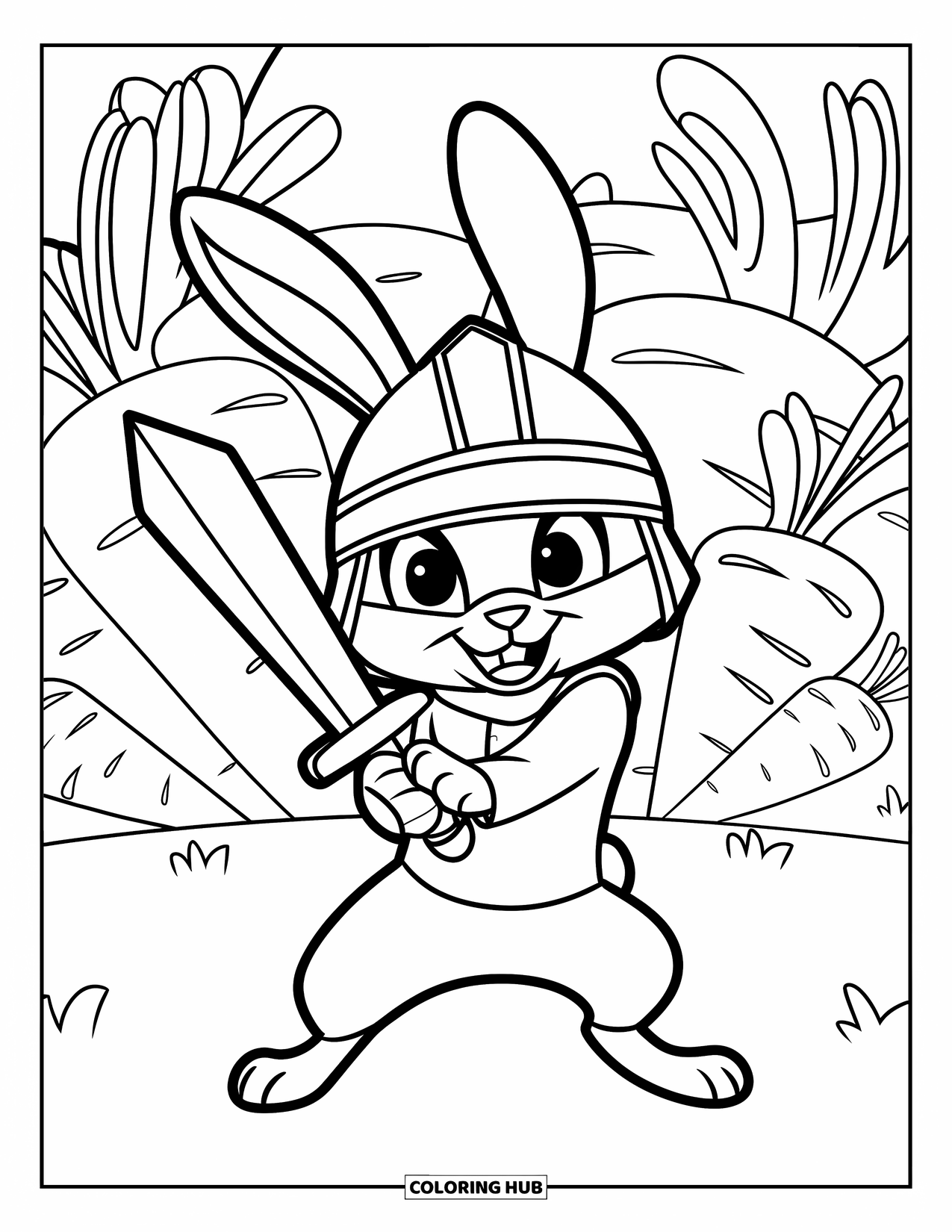 Desenho de coelho para colorir para crianças: Um coelho de capacete com uma espada de brinquedo está orgulhosamente entre cenouras espalhadas