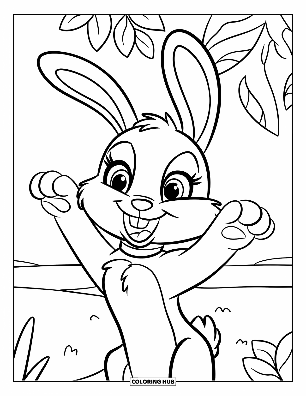 Desenho de coelho para colorir para crianças: Um coelho alegre joga as patas para o ar com um grande sorriso