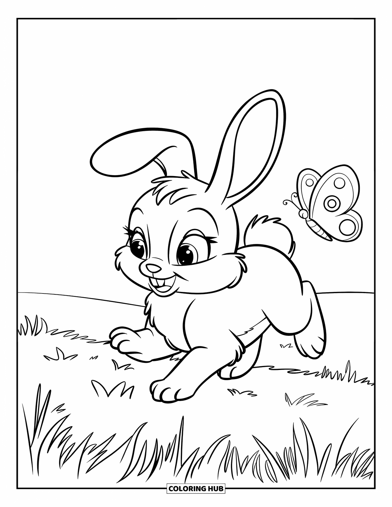 Desenho de coelho para colorir para crianças: Um coelhinho pula pela grama com uma borboleta por perto