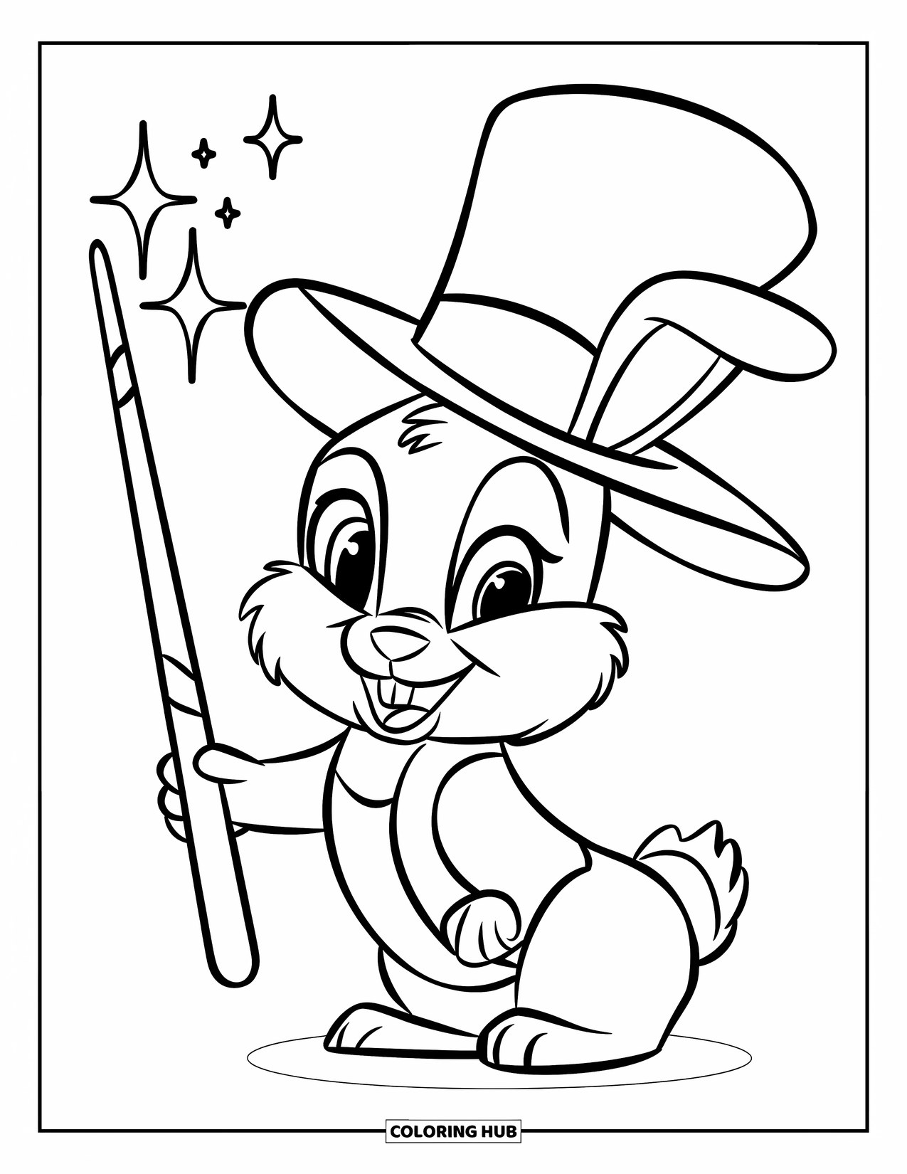 Desenho de coelho para colorir para crianças: Um coelho mágico posa com uma varinha brilhante e um chapéu estrelado