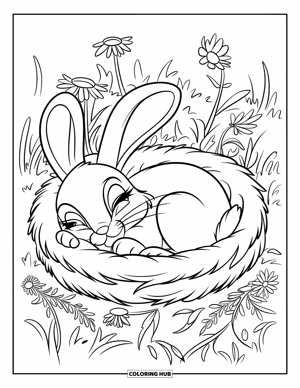 Desenho de coelho para colorir para crianças: Um coelho pacífico dorme em um ninho de grama macia cheio de flores silvestres