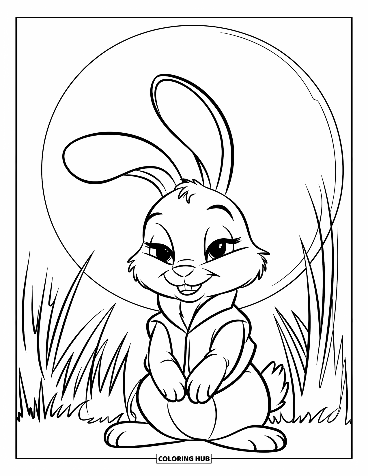 Desenho de coelho para colorir para crianças: Um coelho pacífico de colete senta-se na grama alta sob a lua cheia