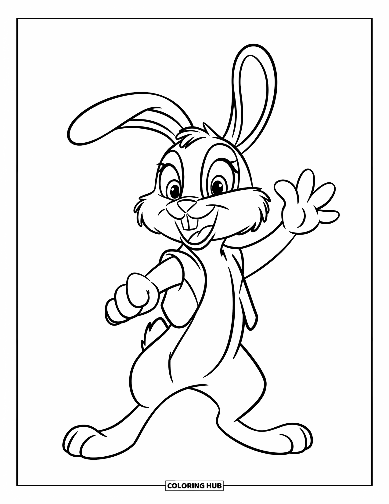 Desenho de coelho para colorir para crianças: Um coelho brincalhão acena enquanto está em pé com uma expressão feliz