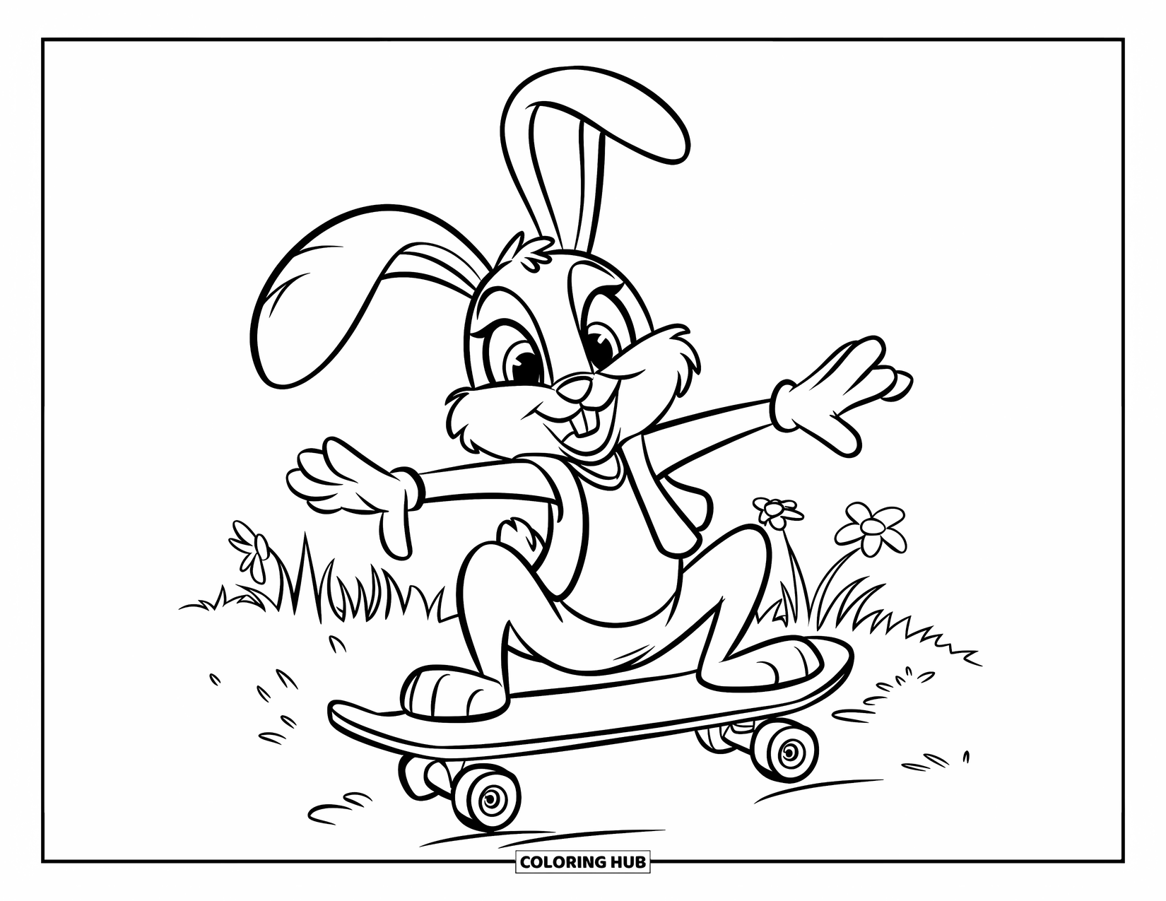 Desenho de coelho para colorir para crianças: Um coelho brincalhão se equilibra em um skate em um campo gramado