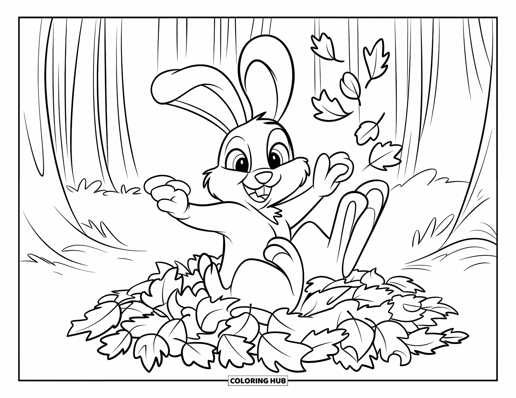 Desenho de coelho para colorir para crianças: Um coelho brincalhão chuta folhas de outono em uma floresta tranquila