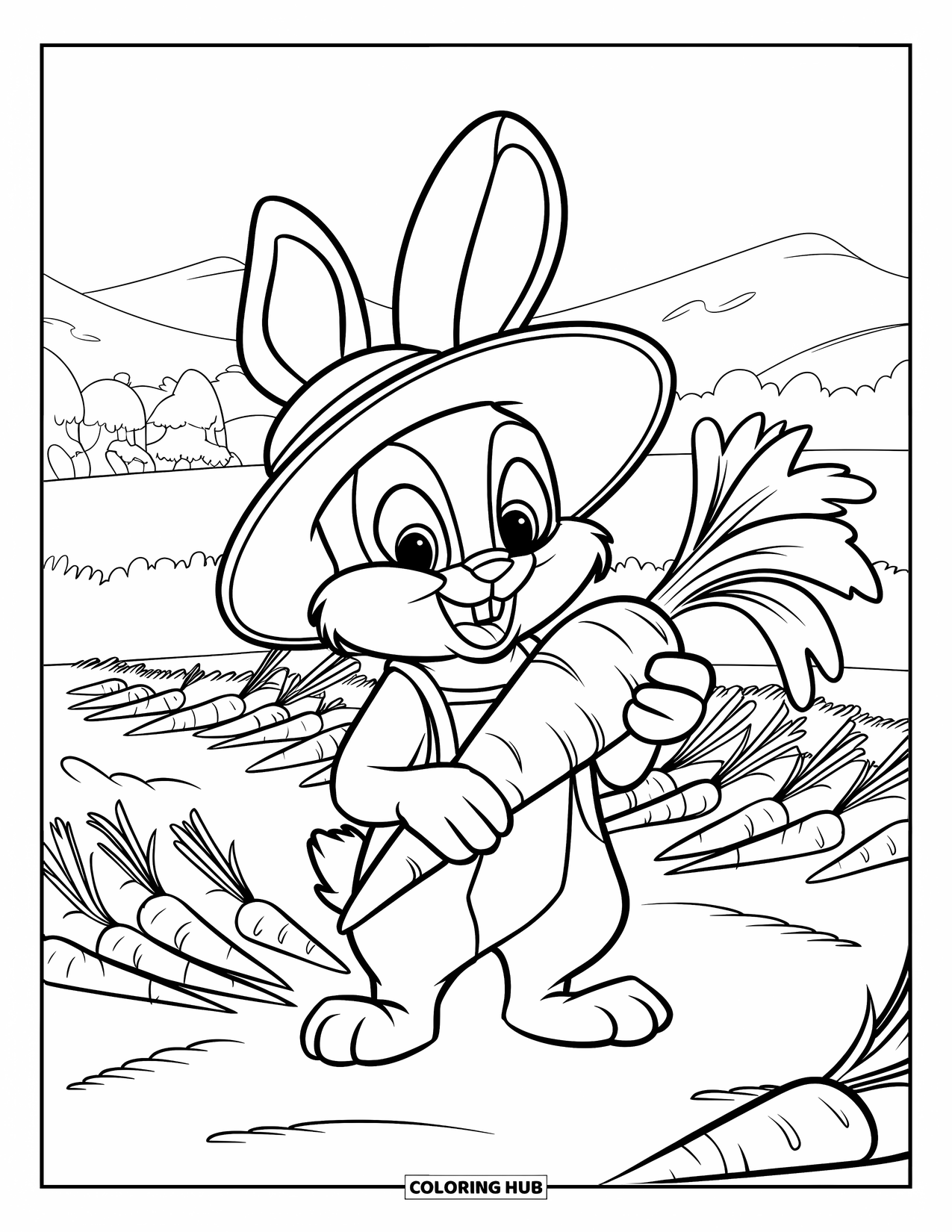 Desenho de coelho para colorir para crianças: Um orgulhoso coelho fazendeiro levanta uma cenoura grande sob um céu brilhante