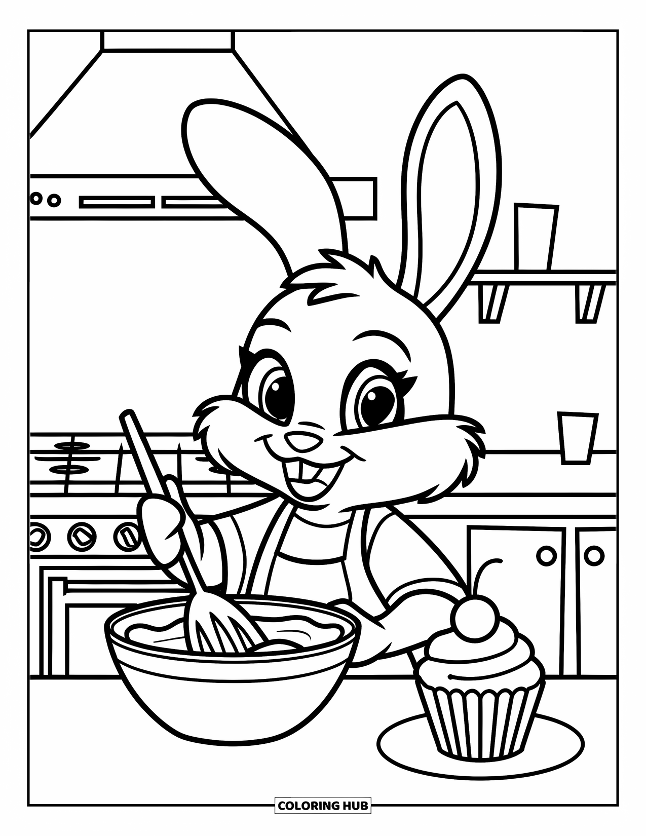Desenho de coelho para colorir para crianças: Um coelho padeiro bate a massa em uma cozinha aconchegante com um cupcake por perto