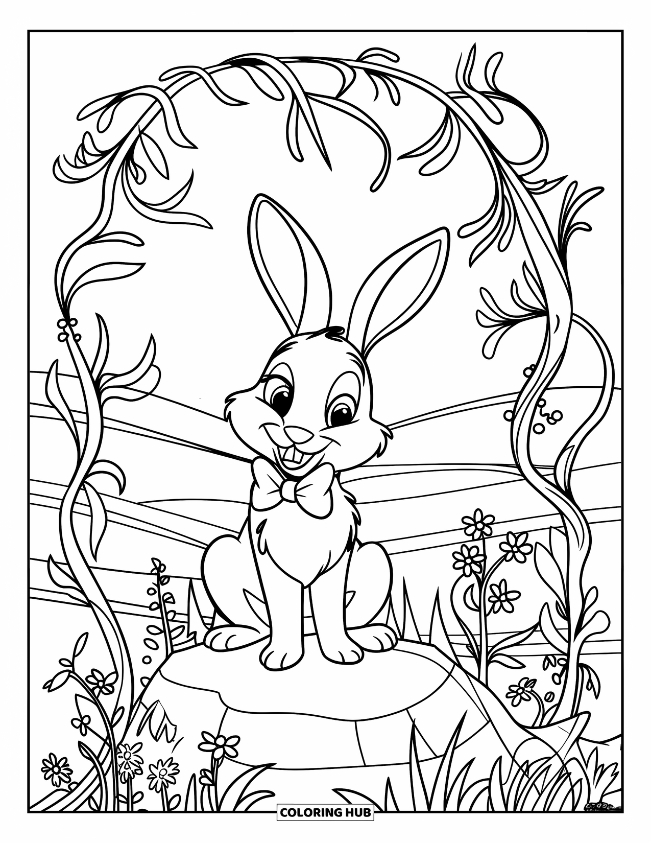 Desenho de coelho para colorir para crianças: Um coelho de gravata borboleta está sentado entre flores em uma suave vista de encosta