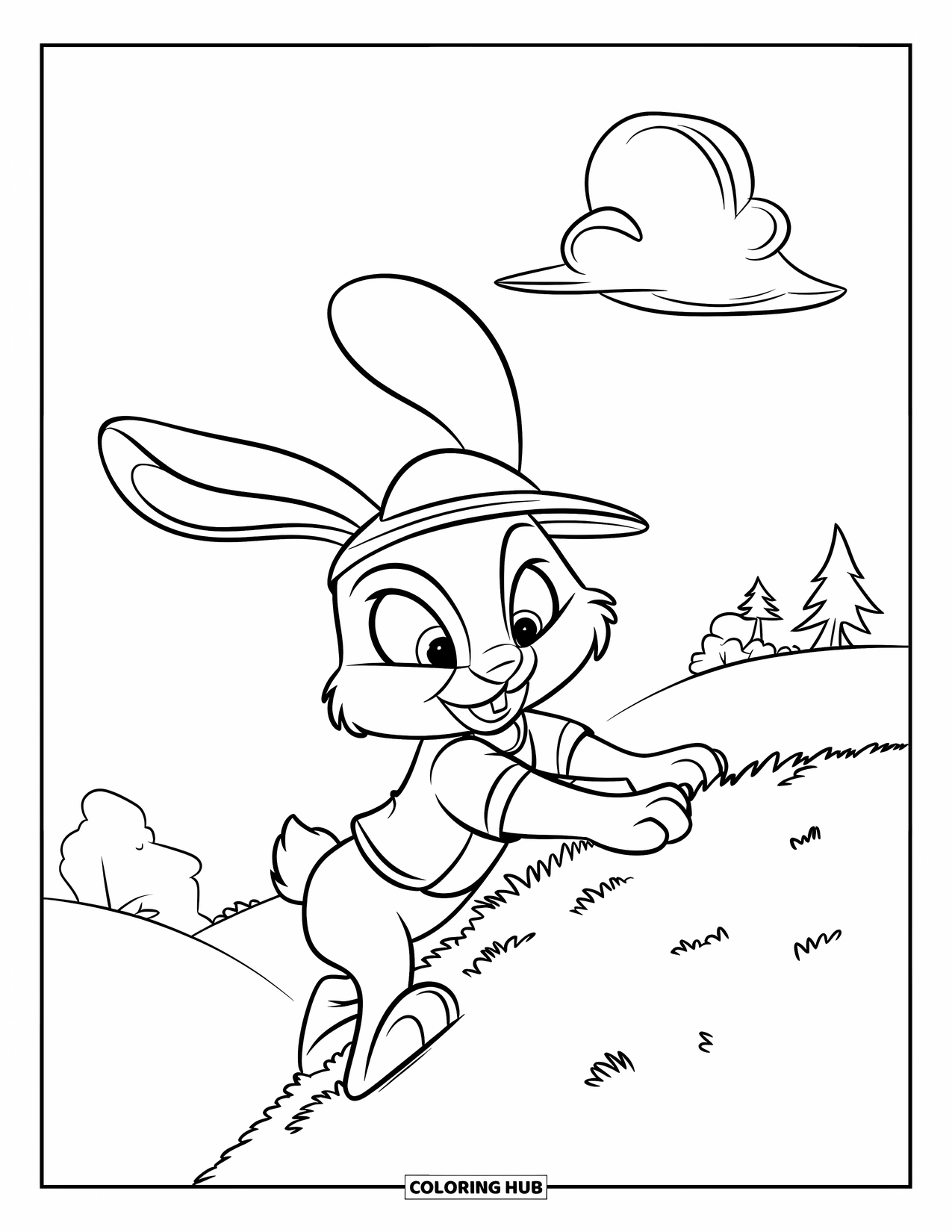 Desenho de coelho para colorir para crianças: Um coelho de chapéu e cachecol sobe uma colina gramada com nuvens acima