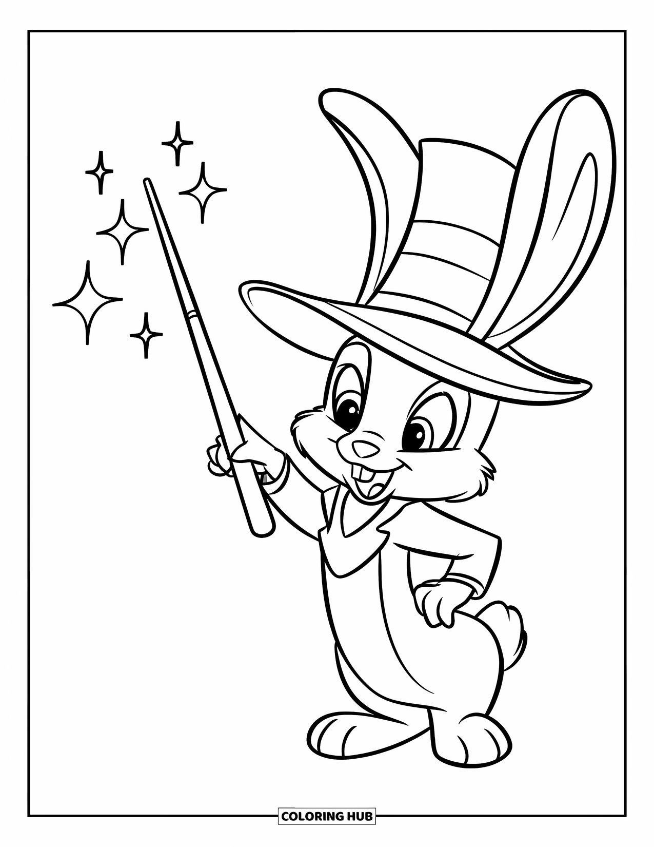 Desenho de coelho para colorir para crianças: Um coelho com um chapéu mágico está ao lado de uma varinha flutuante com brilhos