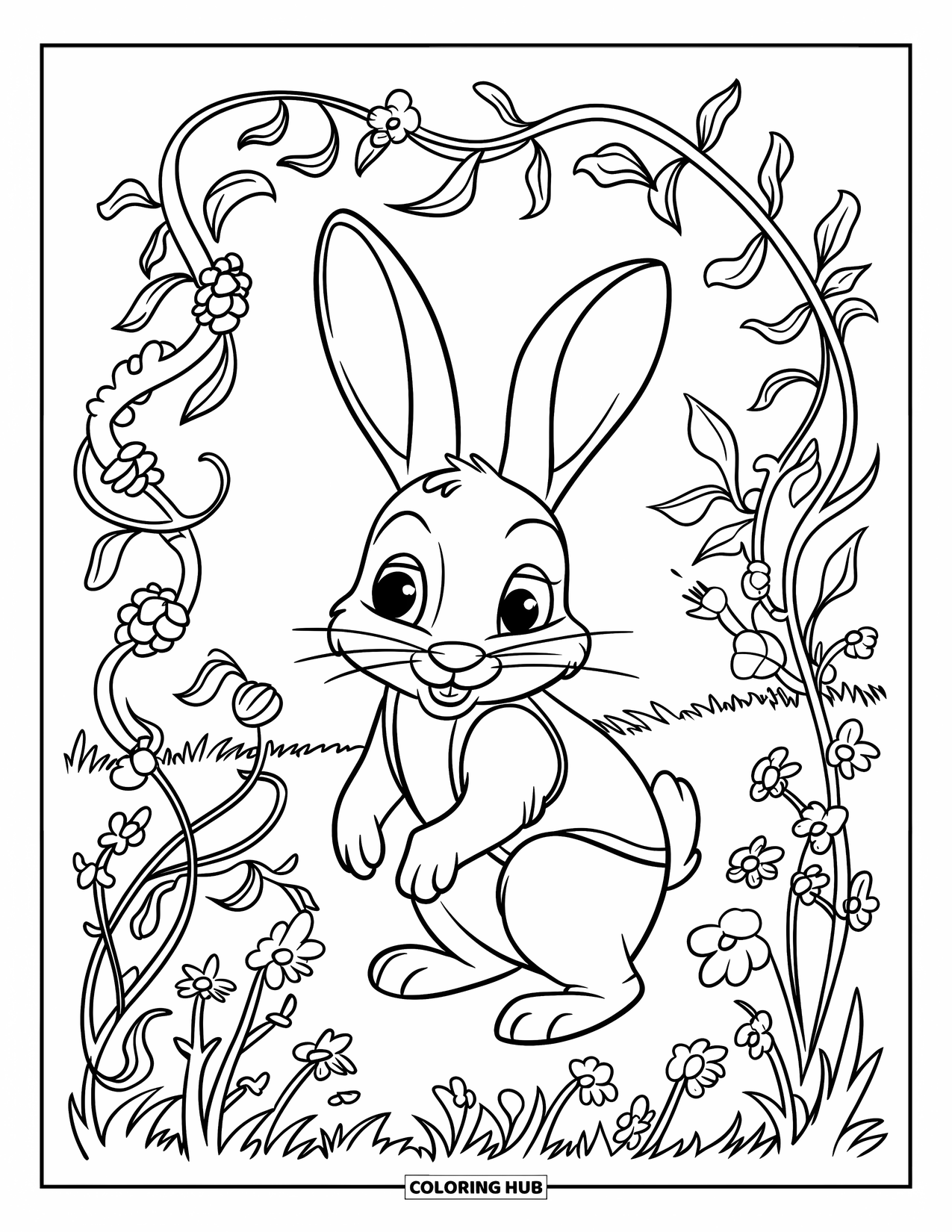 Desenho de coelho para colorir para crianças: Um coelho de colete relaxa em um campo de vinhas e flores silvestres