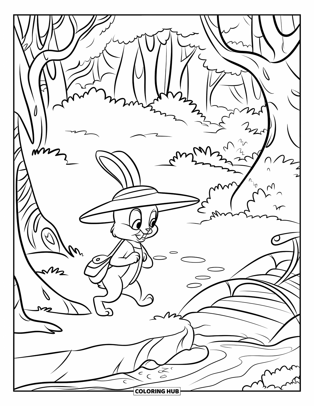 Desenho de coelho para colorir para crianças: Um coelho com um chapéu de abas largas caminha por árvores retorcidas e uma ponte na floresta