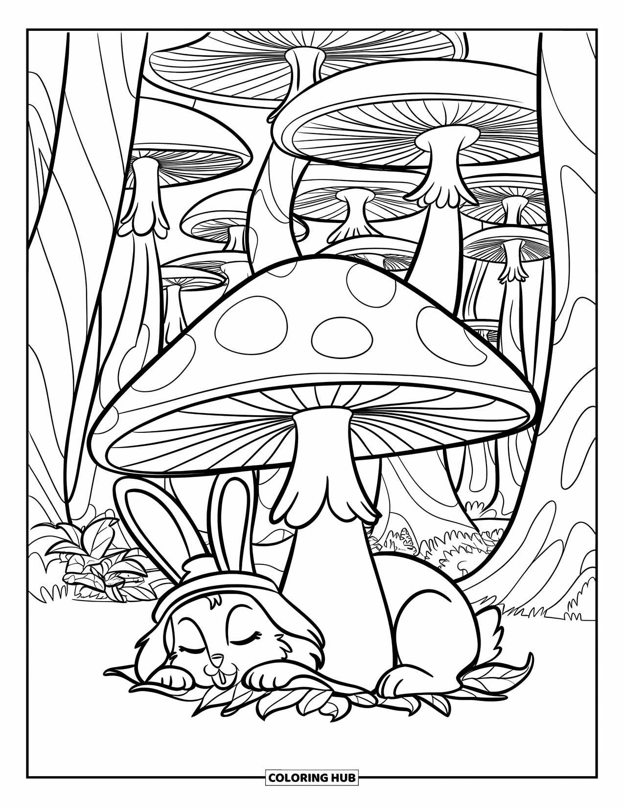 Desenho de coelho para colorir para crianças: Um coelho cochila sob um cogumelo em uma floresta de árvores em espiral cheia de charme