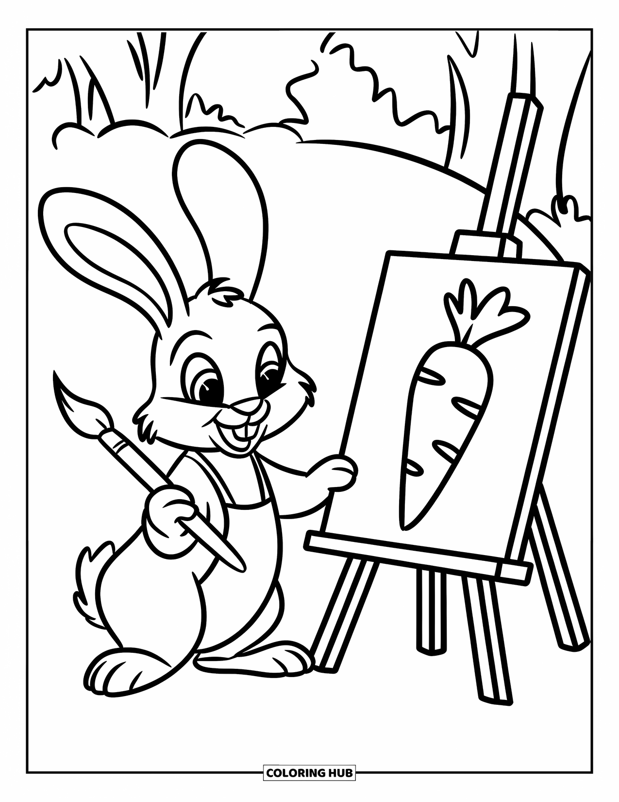 Desenho de coelho para colorir para crianças: Um coelho pinta uma cenoura em um cavalete em um jardim tranquilo