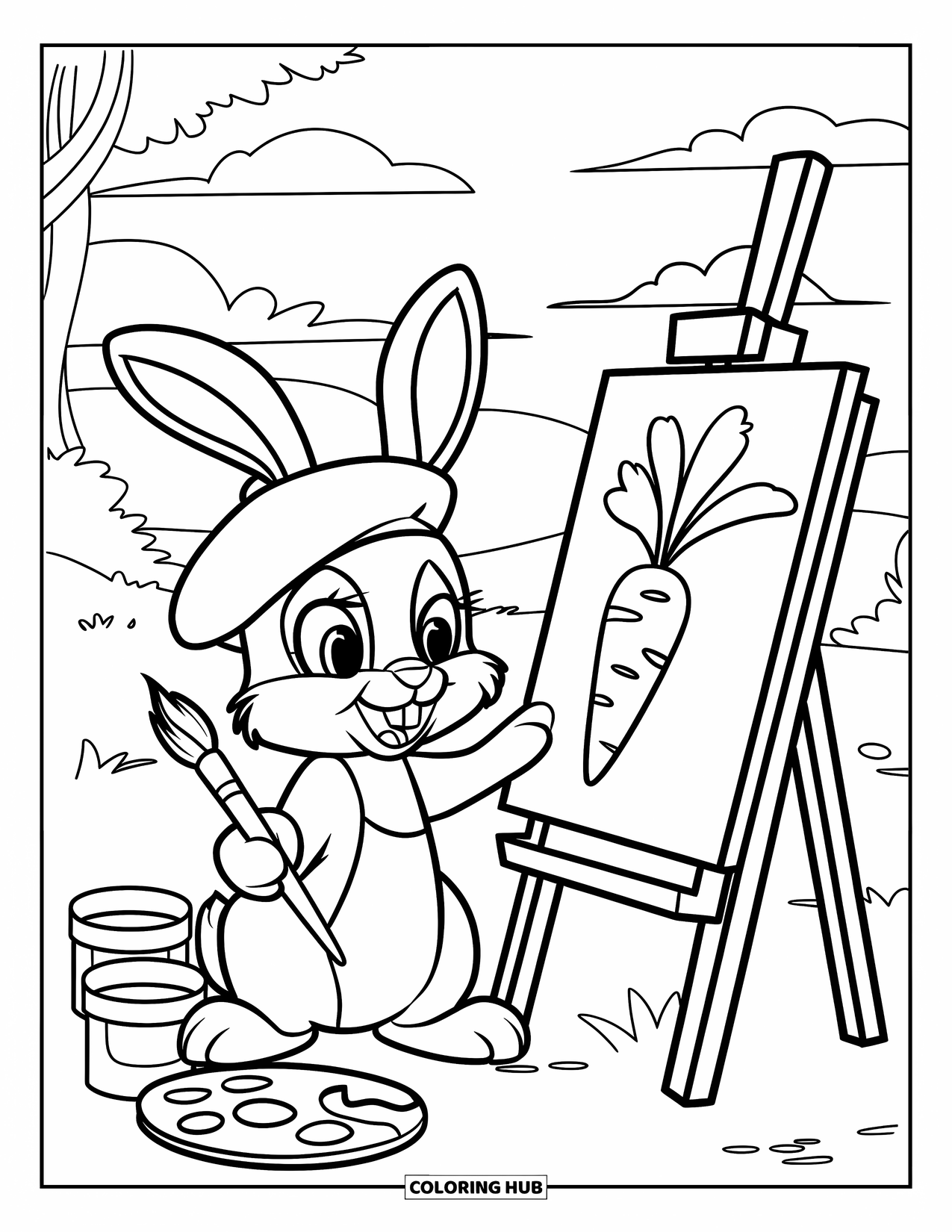 Desenho de coelho para colorir para crianças: Um coelho pinta alegremente na natureza com nuvens, árvores e uma vista da montanha