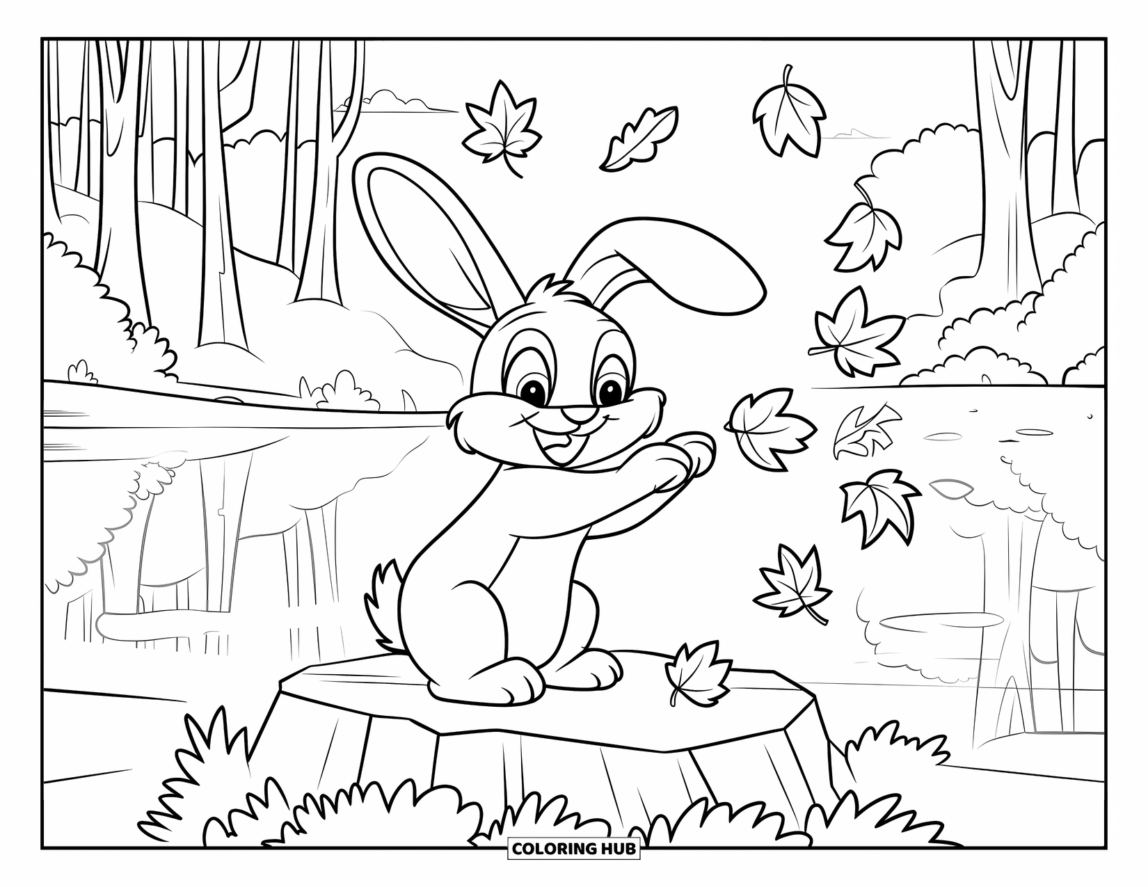 Desenho de coelho para colorir para crianças: Um coelho brinca com folhas de outono flutuantes perto de um lago calmo e árvores altas
