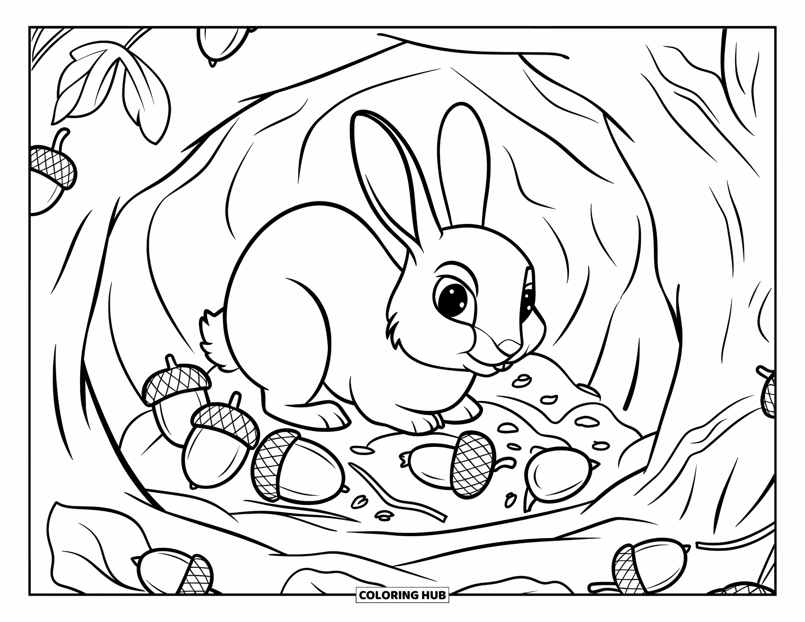 Desenho de coelho para colorir para crianças: Um coelho senta-se em uma toca aconchegante cheia de galhos e bolotas espalhadas