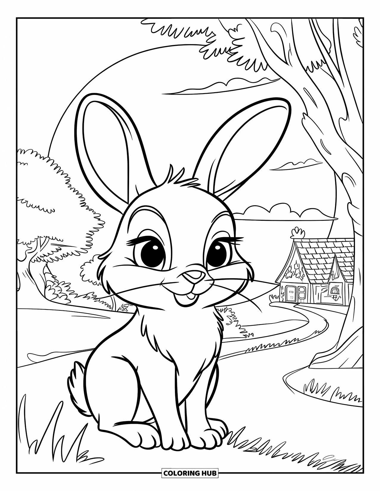 Desenho de coelho para colorir para crianças: Um coelho senta-se pacificamente sob a lua cheia perto de um caminho sinuoso