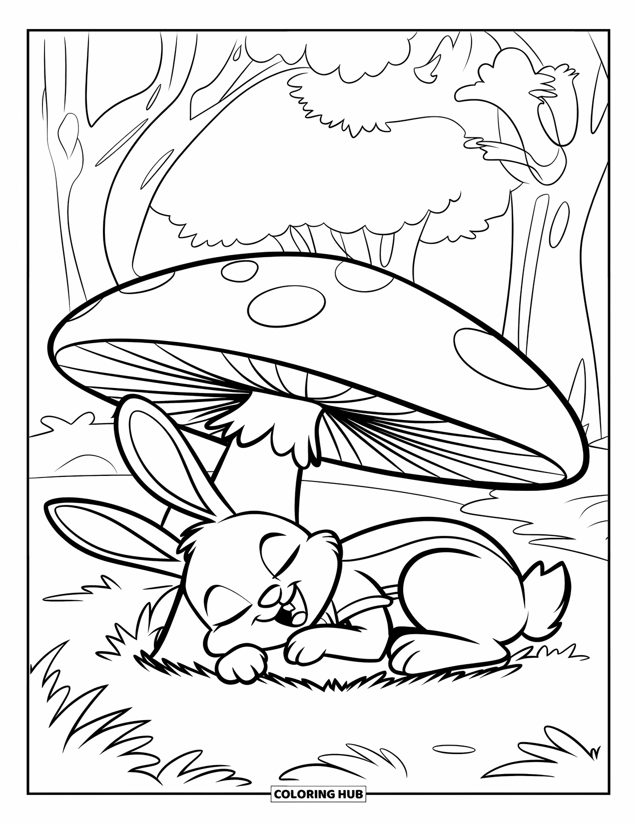Desenho de coelho para colorir para crianças: Um coelho usando macacão dorme sob um cogumelo grande na floresta