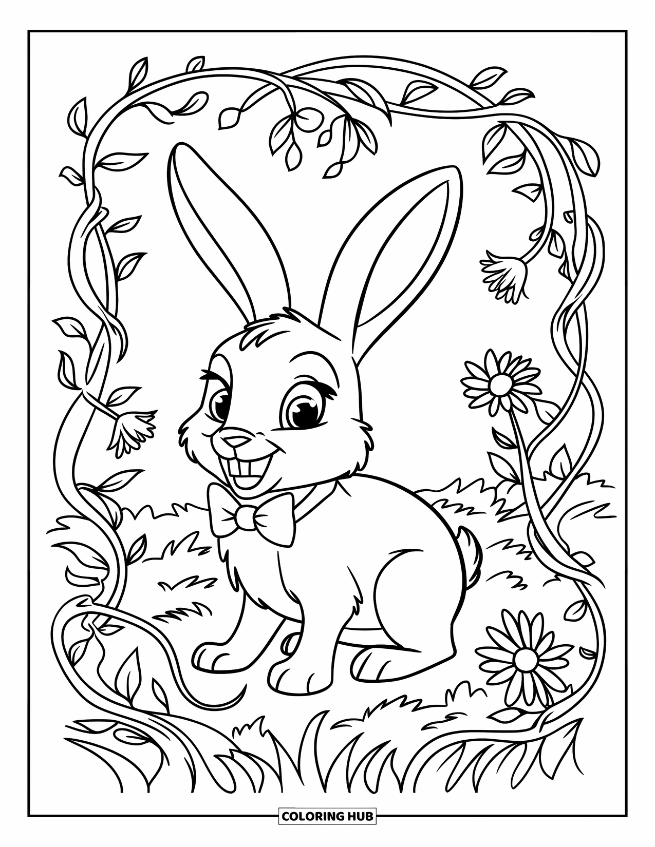 Desenho de coelho para colorir para crianças: Um coelho com uma gravata borboleta está sentado entre flores silvestres e vinhas retorcidas