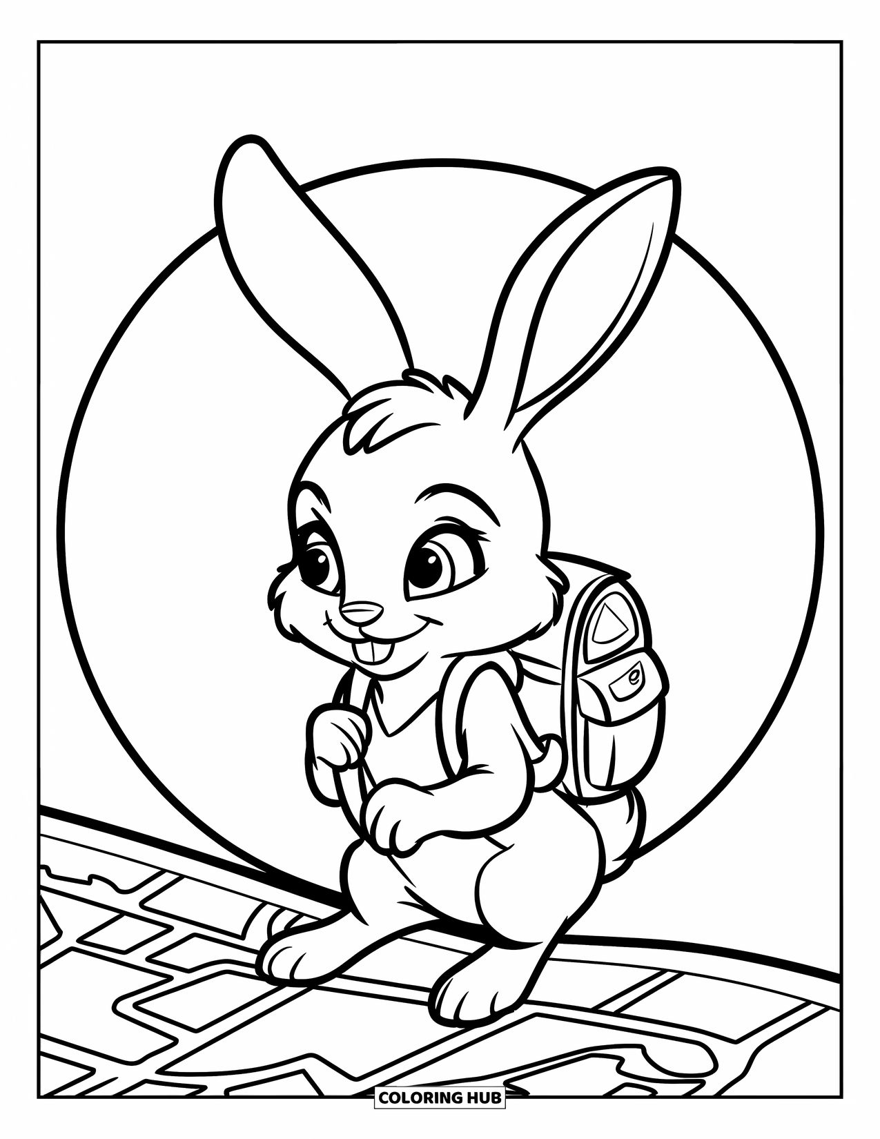 Desenho de coelho para colorir para crianças: Um coelho com uma pequena mochila estuda um mapa e sonha com aventura