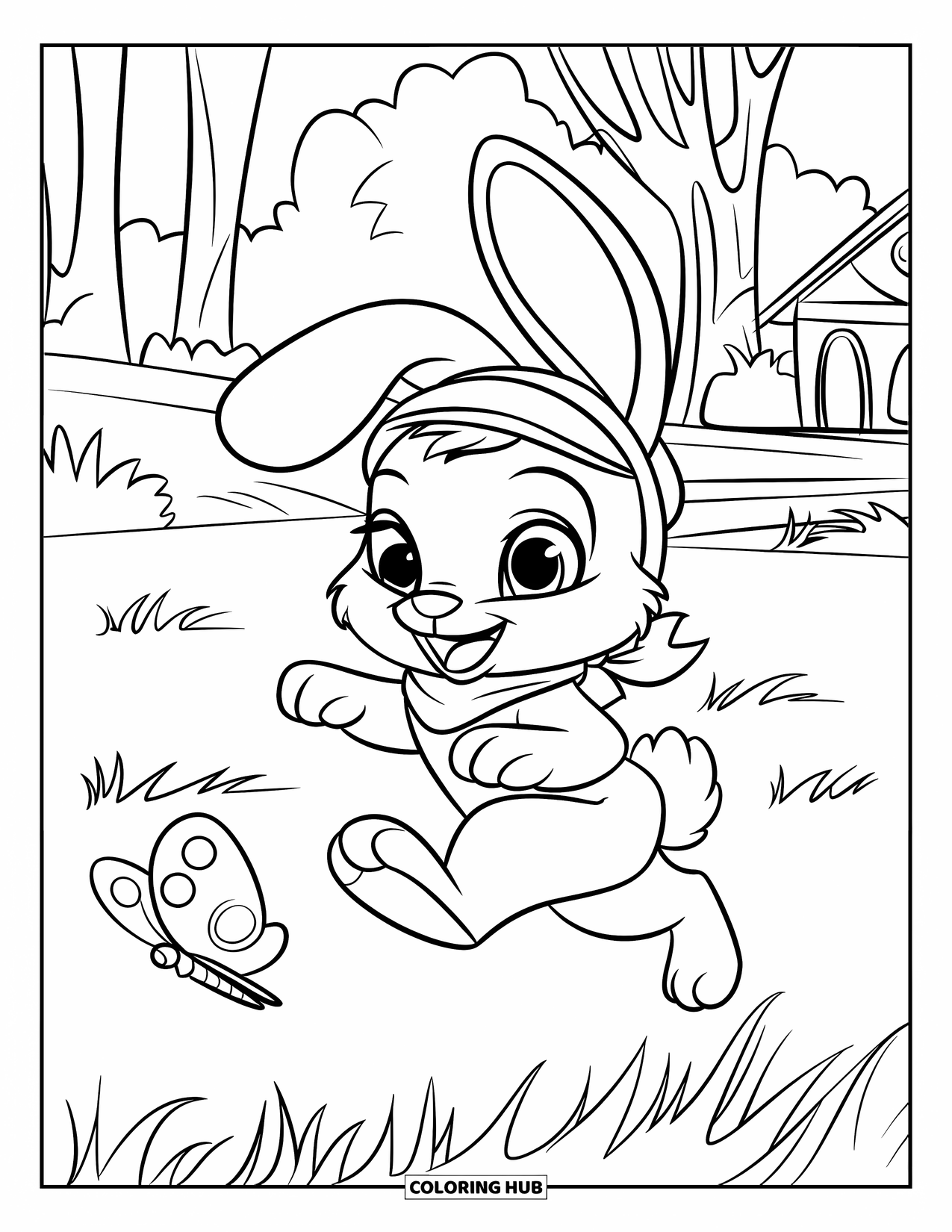 Desenho de coelho para colorir para crianças: Um coelho de cachecol pula pela grama perto de uma borboleta e uma casa
