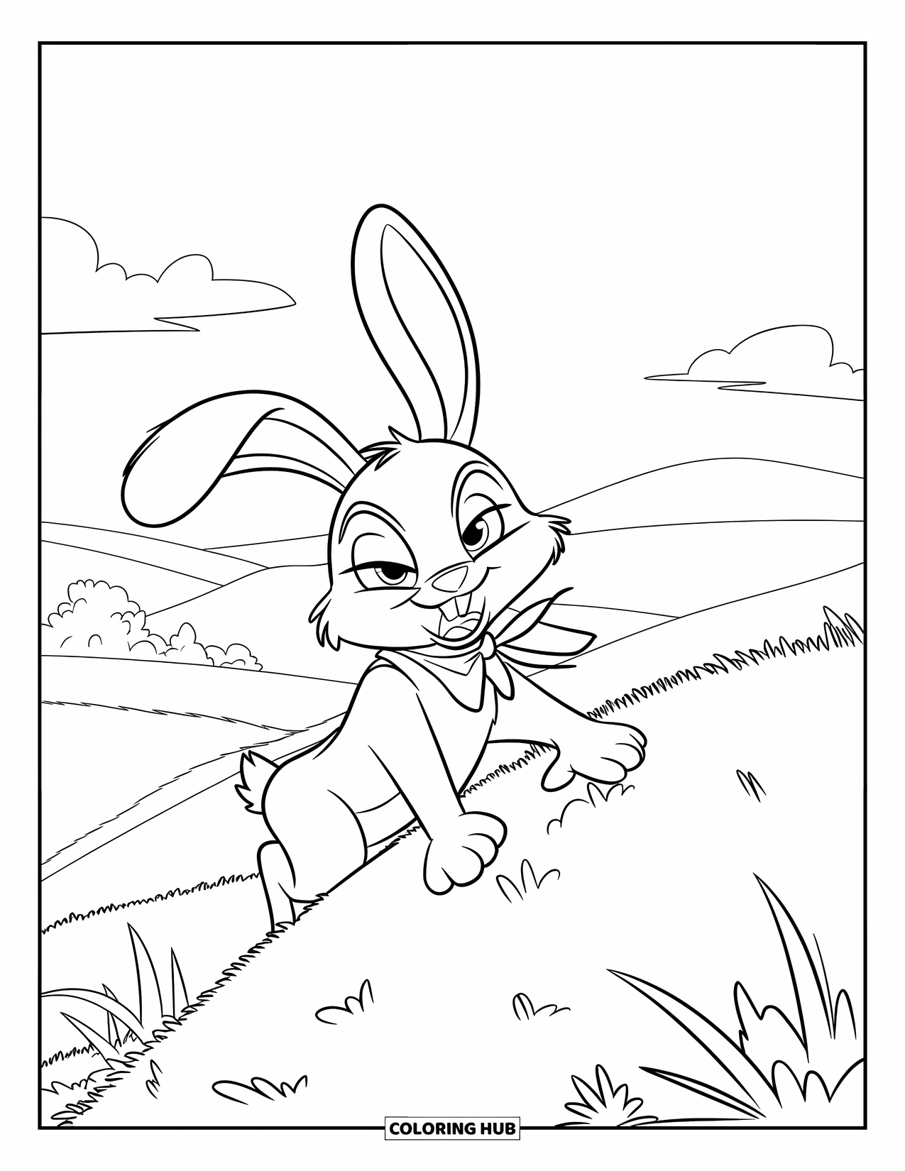 Desenho de coelho para colorir para crianças: Um coelho usando um cachecol sobe uma colina sob um céu amplo e aberto