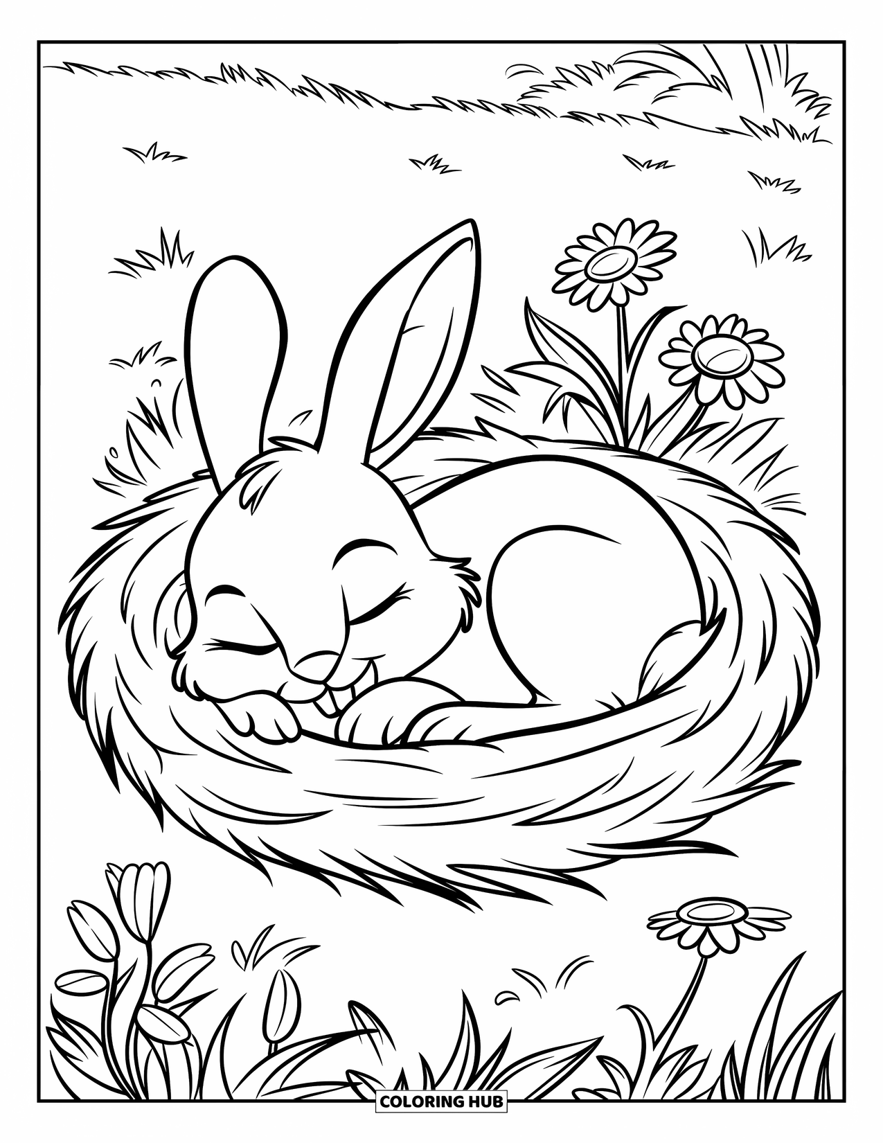 Desenho de coelho para colorir para crianças: Um coelho sonolento se enrola em um ninho cercado por flores silvestres desabrochando