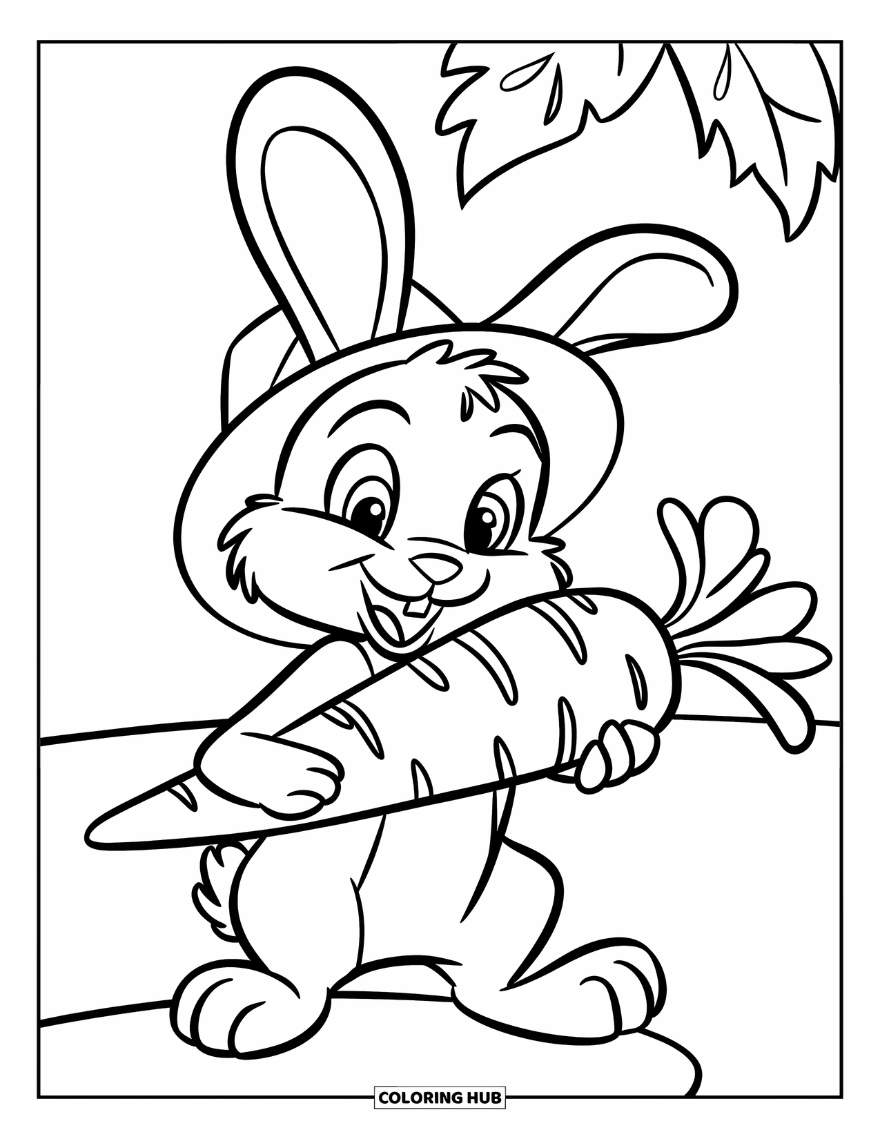 Desenho de coelho para colorir para crianças: Um coelho sorridente abraça uma cenoura gigante com as duas patas