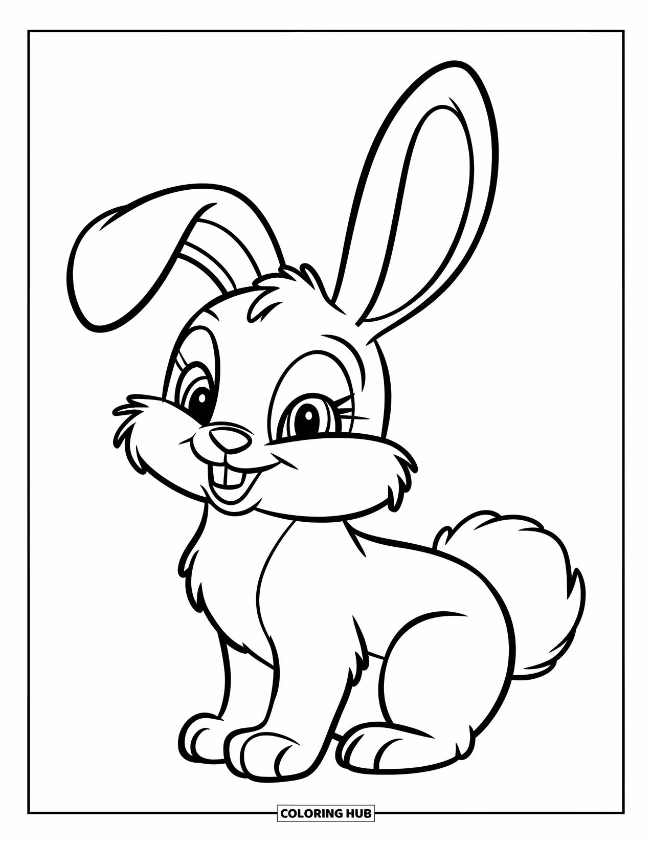 Desenho de coelho para colorir para crianças: Um coelho doce com orelhas caídas e um rabo redondo senta-se calmamente