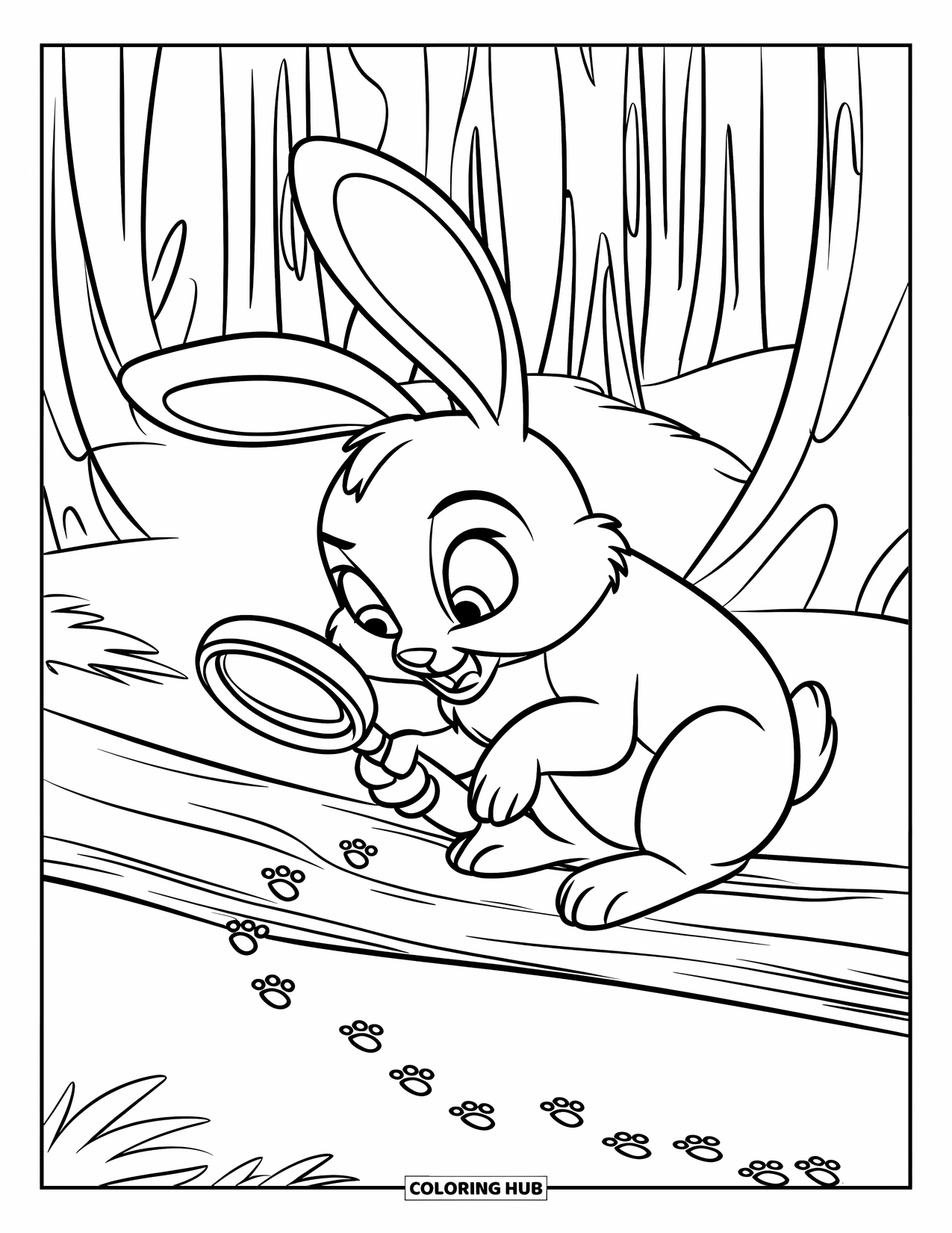 Desenho de coelho para colorir para crianças: Um coelho pensativo em um tronco examina pegadas sob o dossel de uma floresta