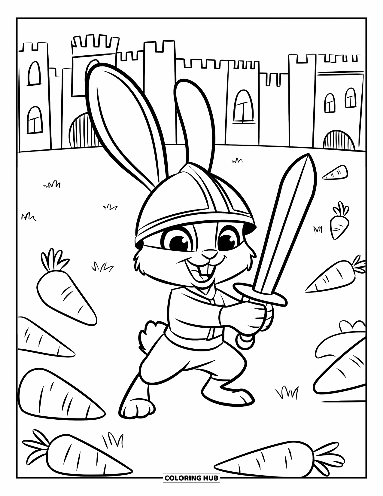 Desenho de coelho para colorir para crianças: Um minúsculo coelho cavaleiro defende seu reino de cenouras em um campo gramado