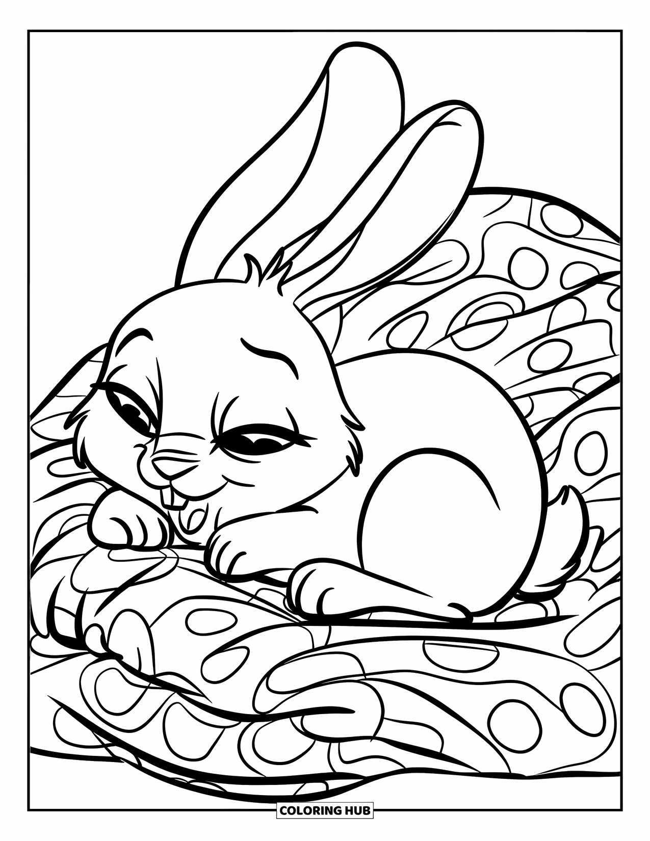 Desenho de coelho para colorir para crianças: Um coelho cansado se enrola em cobertores macios com olhos grandes e redondos