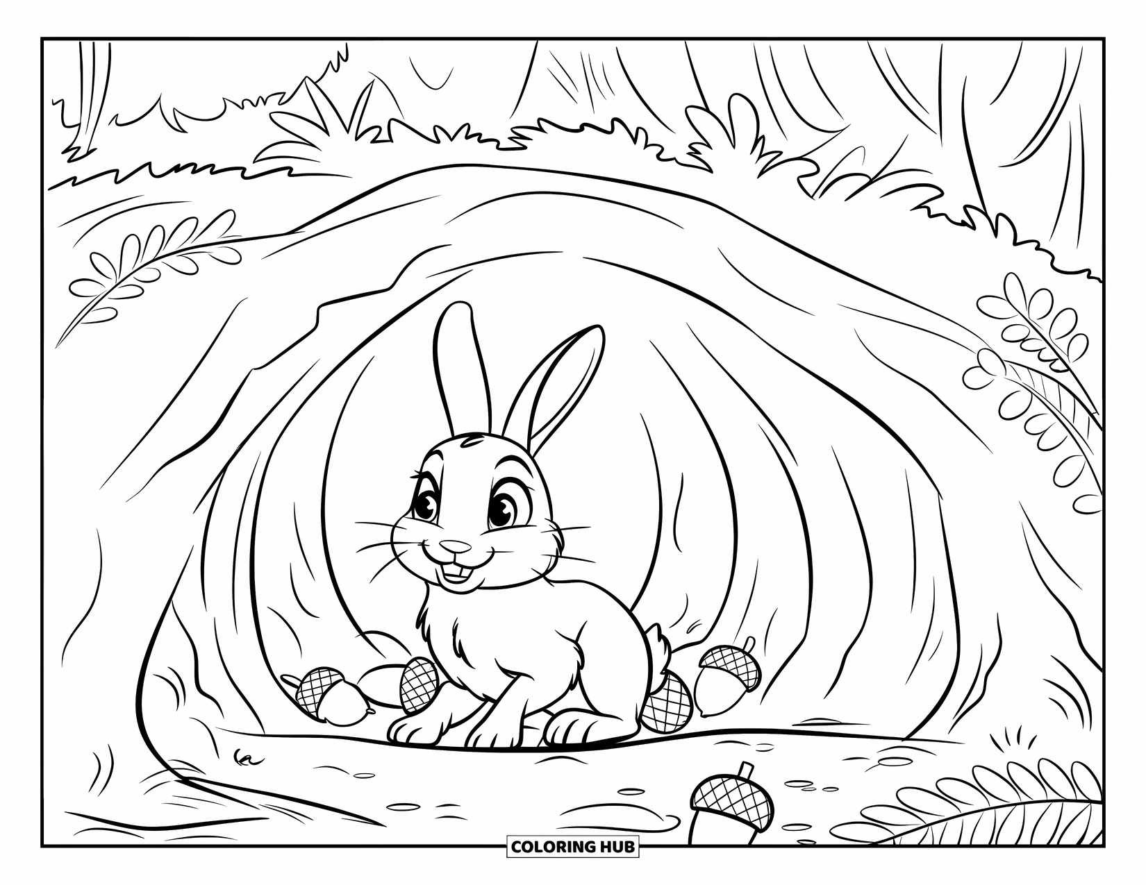 Desenho de coelho para colorir para crianças: Um coelho de olhos arregalados senta-se em uma toca na floresta com galhos e bolotas espalhadas