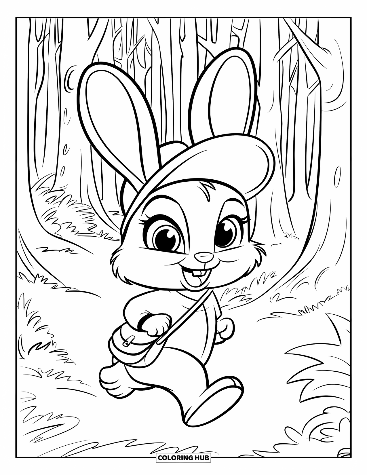 Desenho de coelho para colorir para crianças: Um coelho de olhos arregalados com uma sacola caminha por uma densa floresta de árvores altas