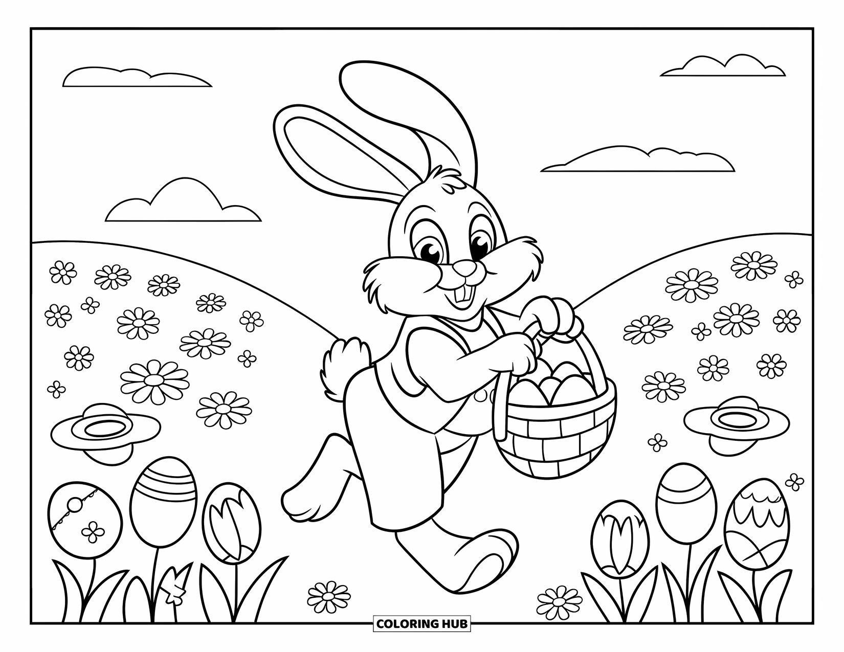 Desenho de coelho para colorir para crianças: Um coelho da Páscoa de colete vermelho pula com ovos por um prado de flores coloridas