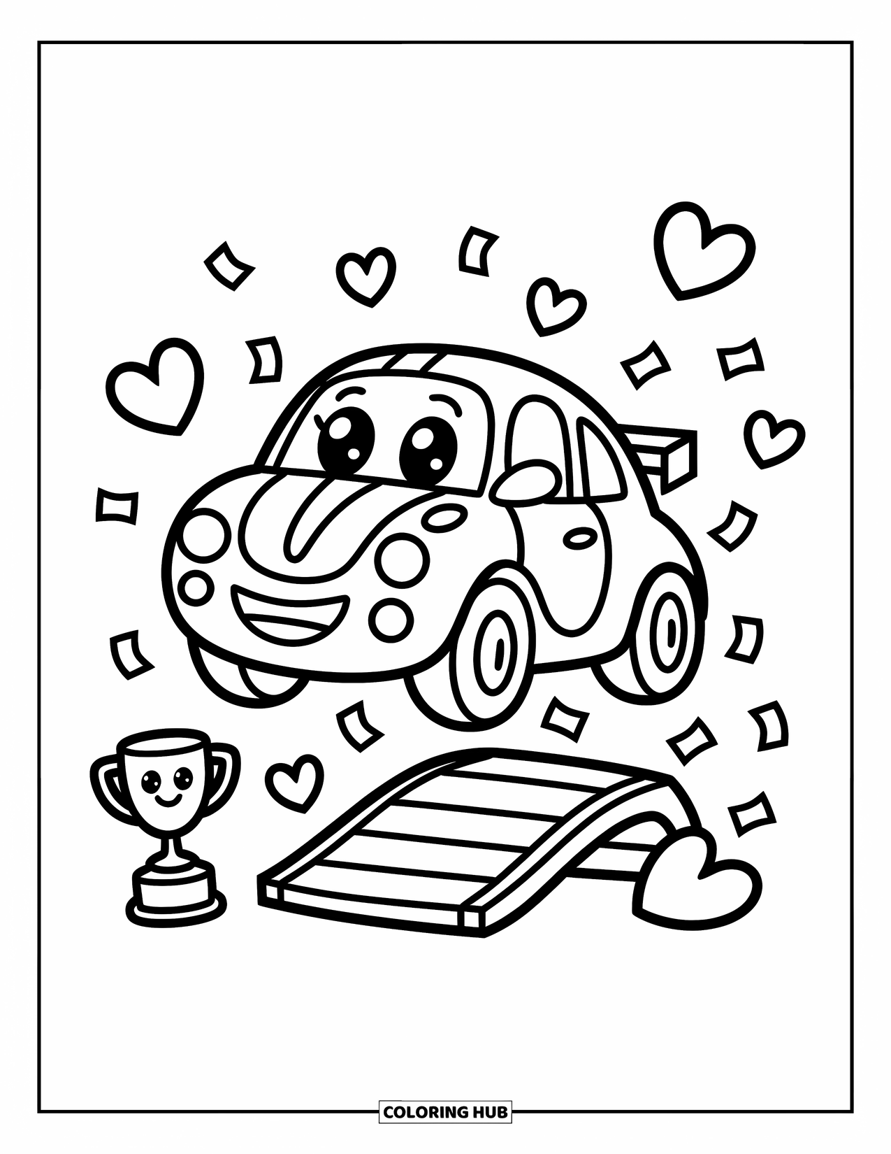 Kleurplaat raceauto voor volwassenen: Een vrolijke raceauto springt van een kleine helling met vallende confetti en een lachende trofee
