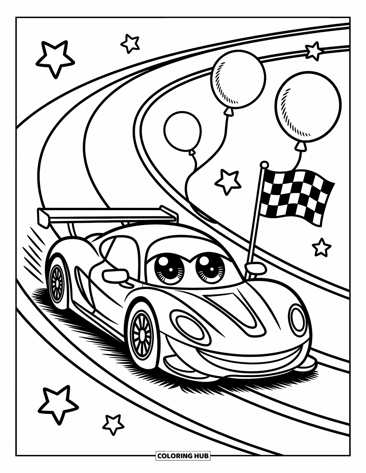 Kleurplaat raceauto voor volwassenen: Een vrolijke raceauto scheurt over een bochtig circuit met sterren, ballonnen en een wapperende vlag