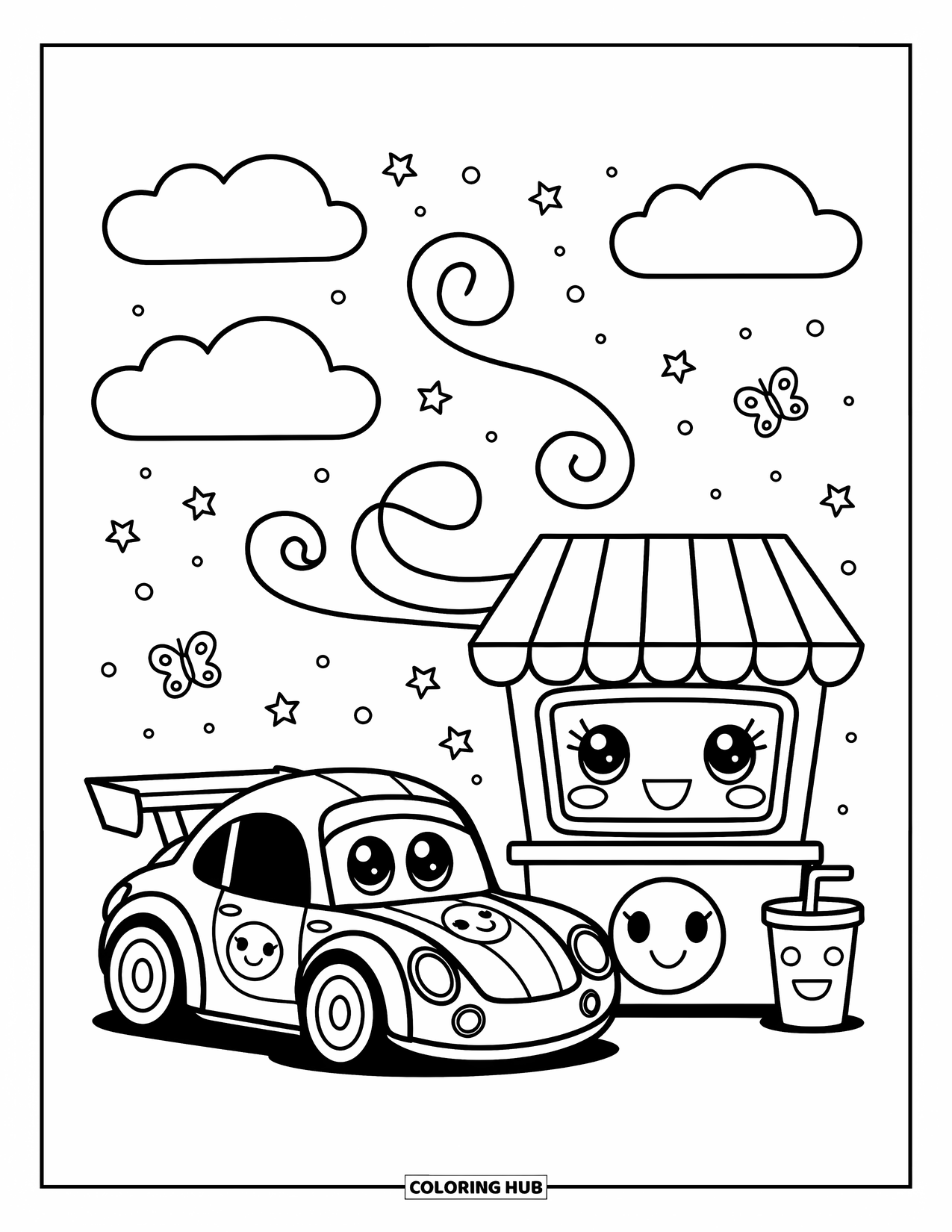 Kleurplaat raceauto voor volwassenen: Een vrolijke raceauto met grote ogen zit naast een limonadekraam, omringd door sterren en vlinders