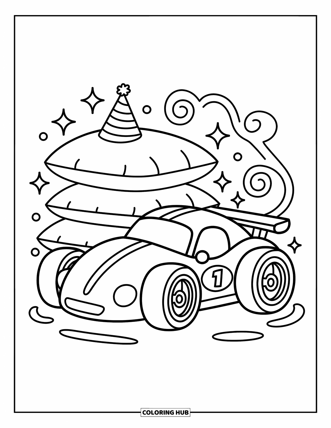 Kleurplaat raceauto voor volwassenen: Een mollige raceauto rust in de buurt van kussens met een feesthoed, omringd door glitters en sterren