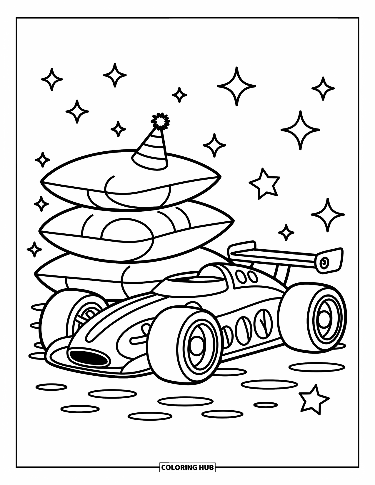 Kleurplaat raceauto voor volwassenen: Een mollige raceauto met een klein feesthoedje rust in de buurt van kussens, omringd door sterren en wervelingen
