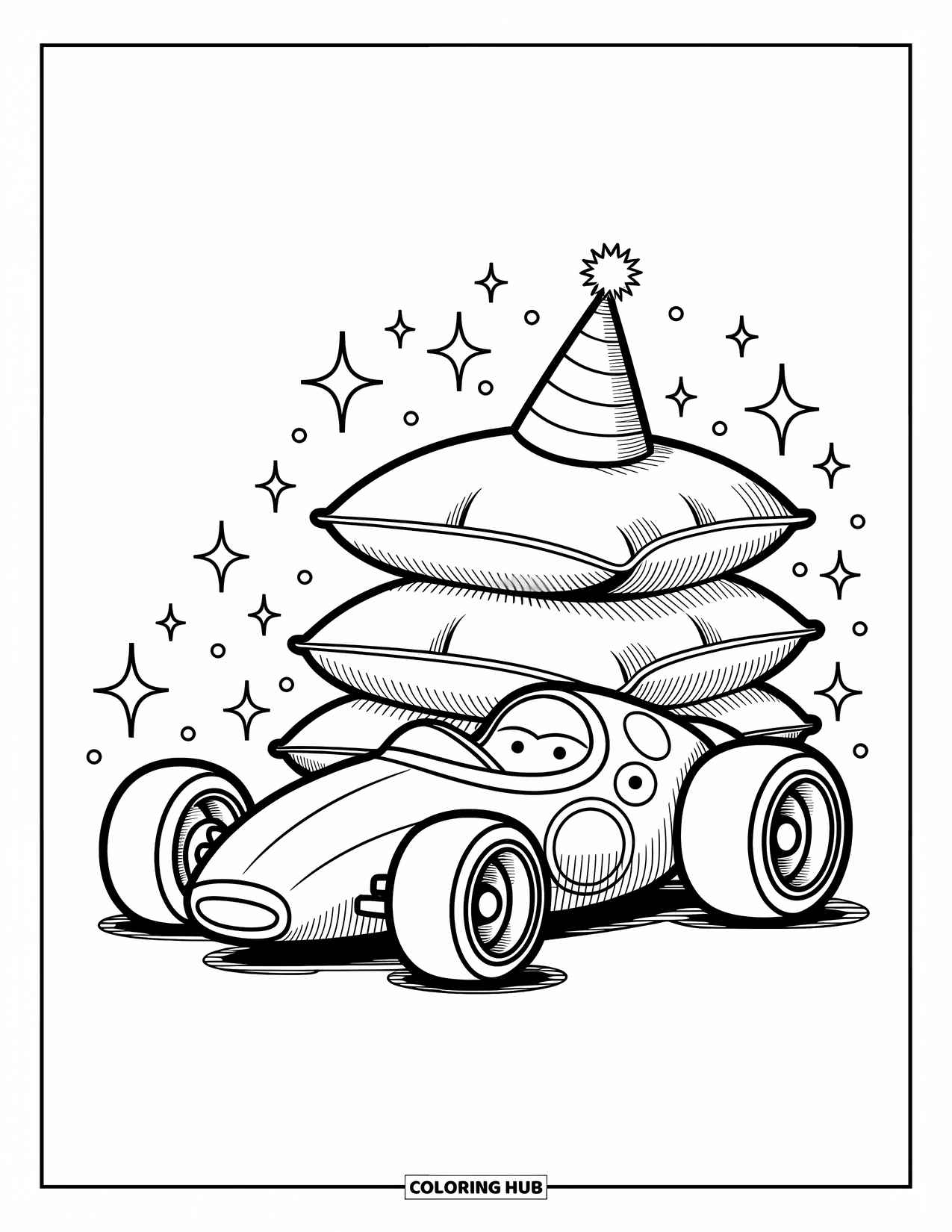 Kleurplaat raceauto voor volwassenen: Een mollige raceauto met grote wielen ontspant bij kussens met wervelingen, glitters en sterren