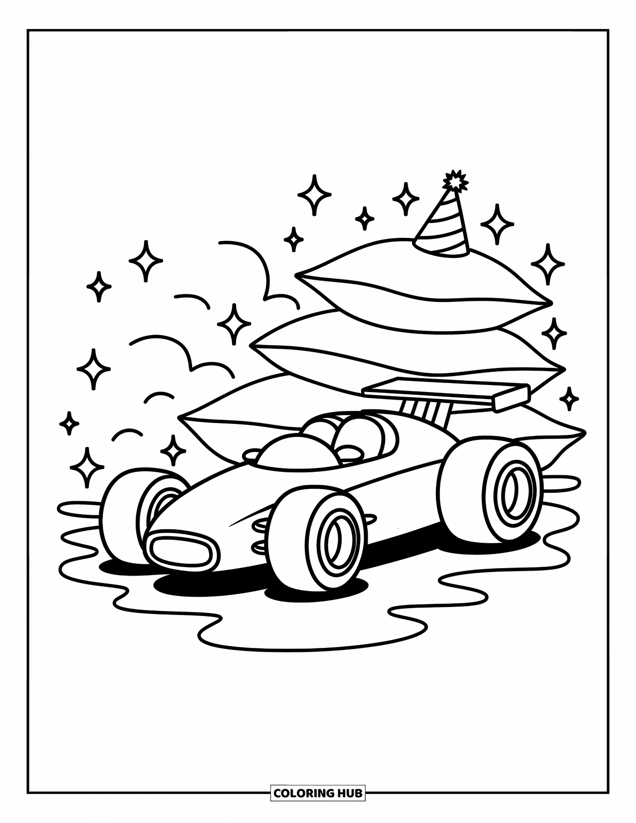 Kleurplaat raceauto voor volwassenen: Een schattige, mollige raceauto zit in de buurt van zachte kussens en glitters met wervelende lijnen eromheen