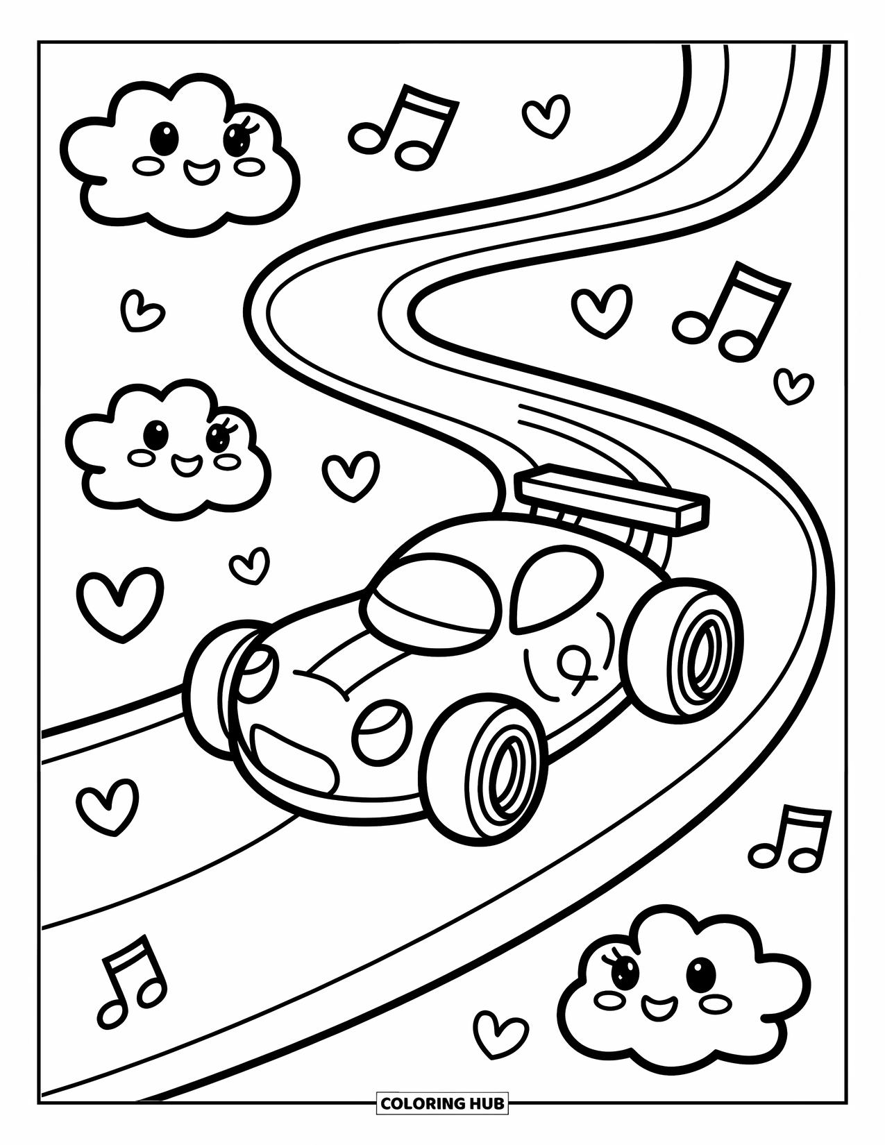 Kleurplaat raceauto voor volwassenen: Een schattige raceauto drijft over een lusvormig circuit met muzieknoten en speelse wolken