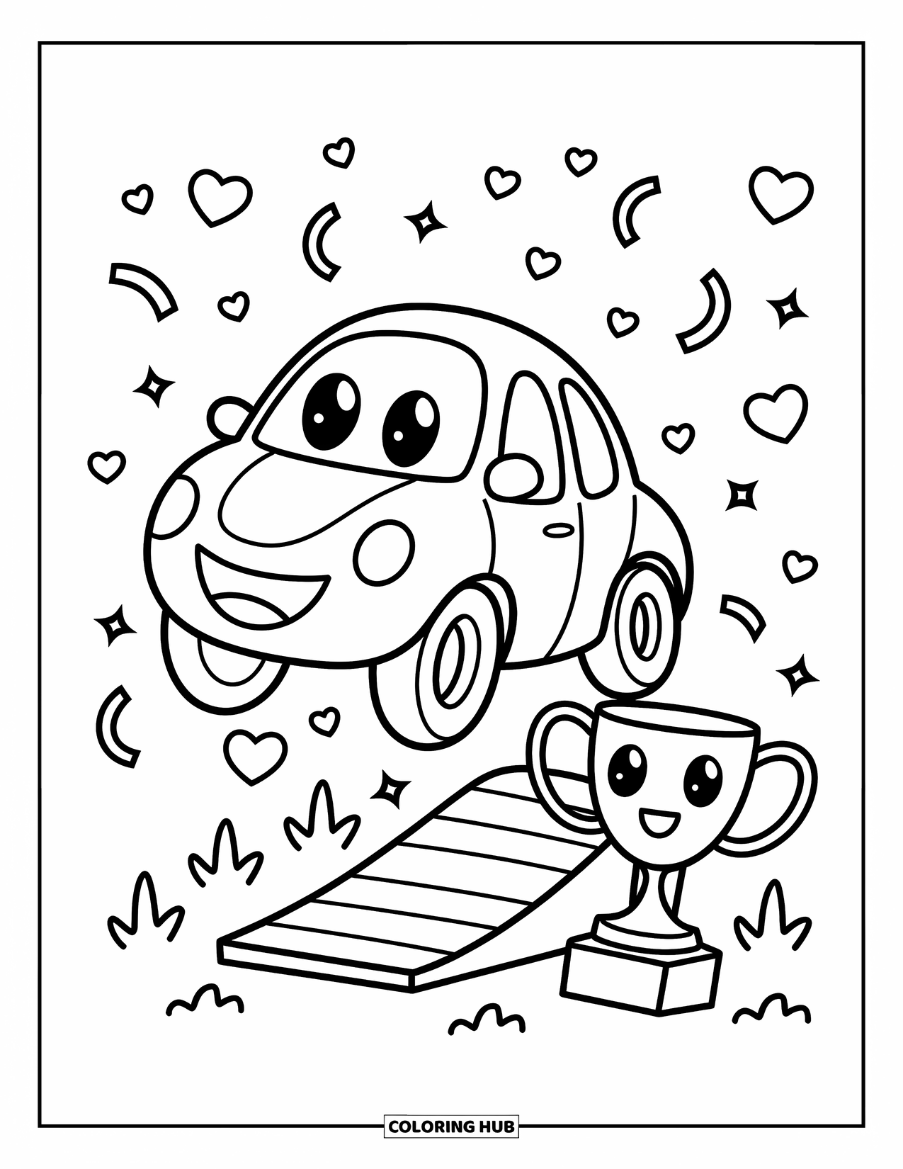 Kleurplaat raceauto voor volwassenen: Een schattige raceauto springt van een helling met speelse confetti, hartjes en een lachende trofee