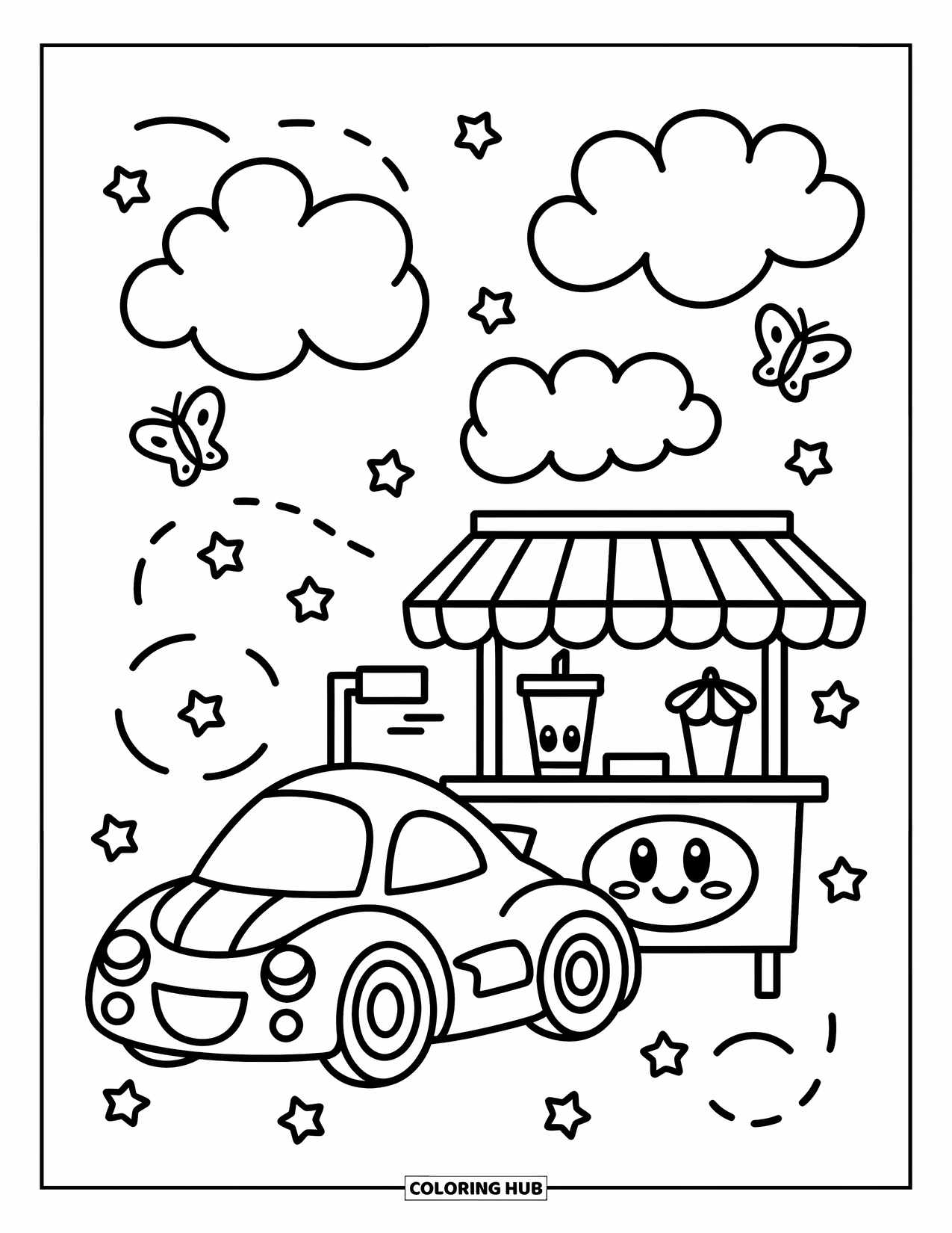 Kleurplaat raceauto voor volwassenen: Een schattige raceauto zit naast een kleine limonadekraam met vlinders en sterren eromheen