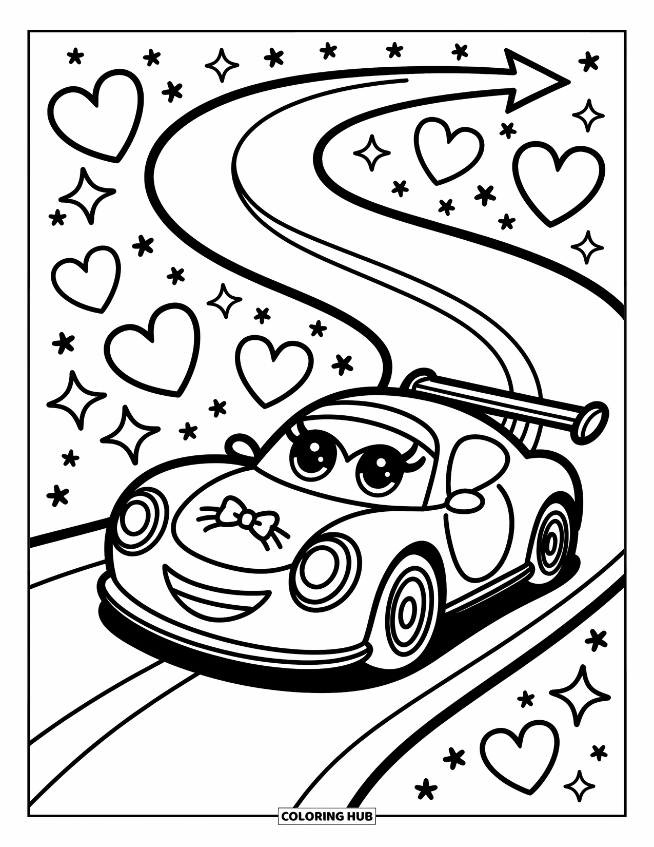 Kleurplaat raceauto voor volwassenen: Een schattige raceauto met een strik drijft over een kronkelend circuit met harten en speelse pijlen