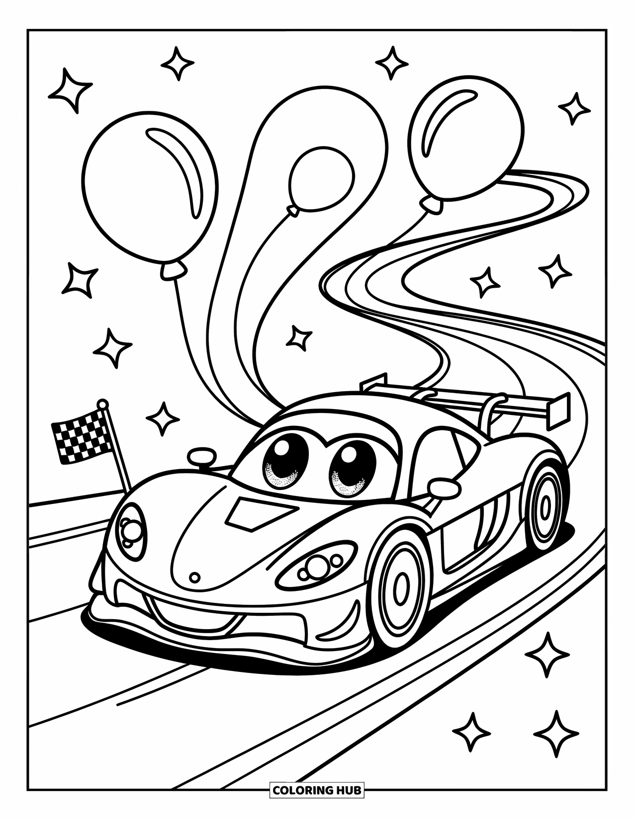 Kleurplaat raceauto voor volwassenen: Een schattige raceauto met grote ogen racet op een bochtig circuit met zwevende ballonnen en een vlag
