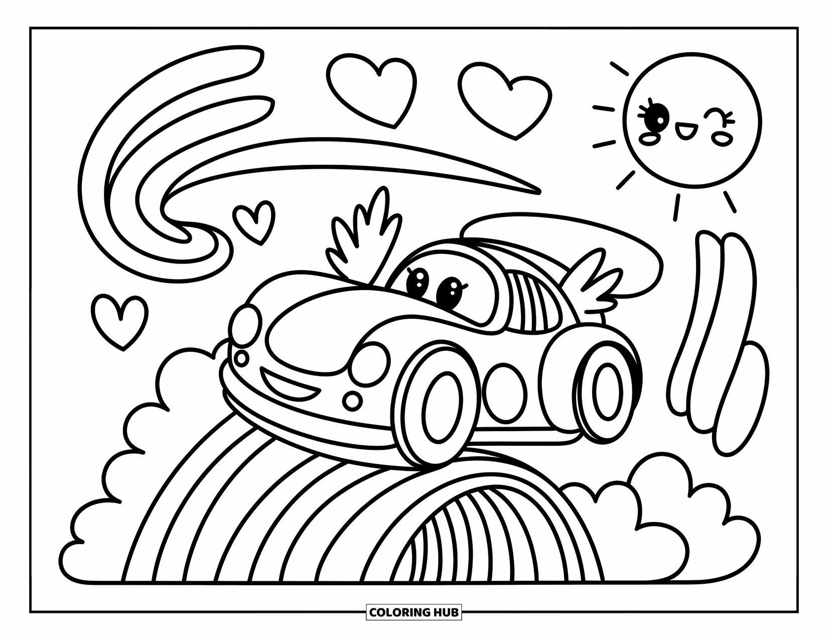 Kleurplaat raceauto voor volwassenen: Een schattige raceauto met kleine vleugels vliegt over een regenbooghelling met wervelingen en hartjeswolken