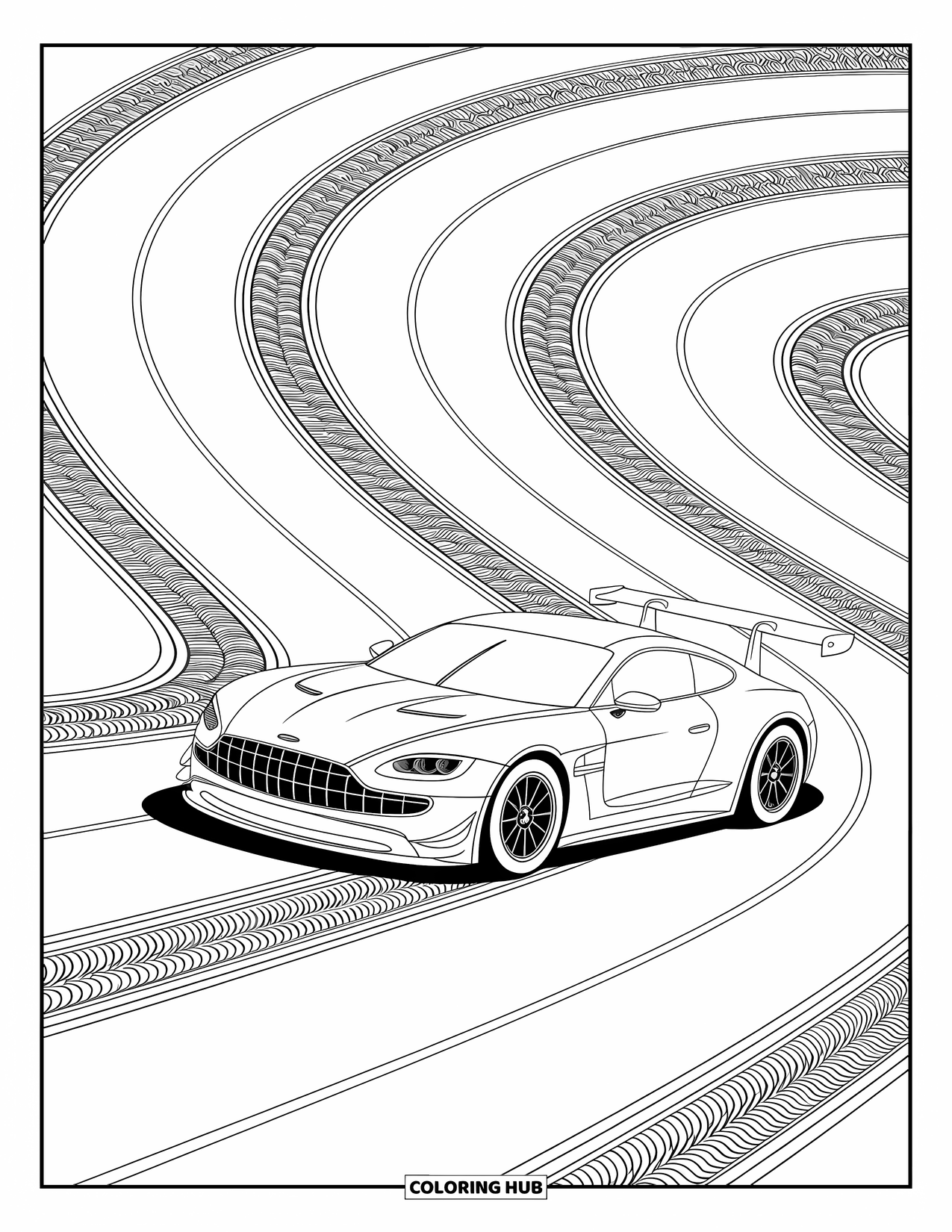 Kleurplaat raceauto voor volwassenen: Een snelle raceauto kronkelt door doolhofachtige circuits met speelse patronen en randen